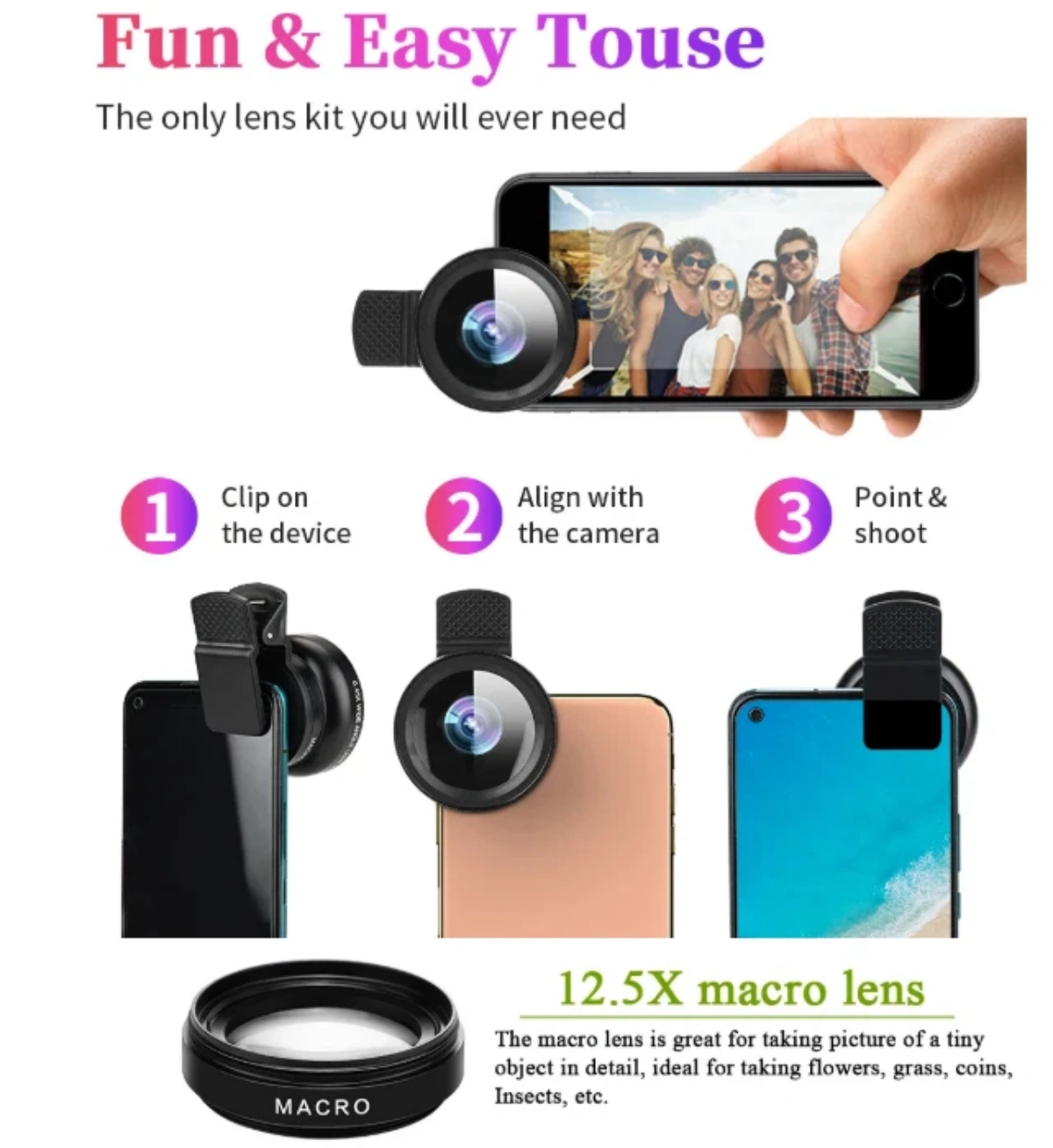 Makroobjektiv für Smartphones: Clips, ausrichten, fotografieren. 12,5x Vergrößerung.