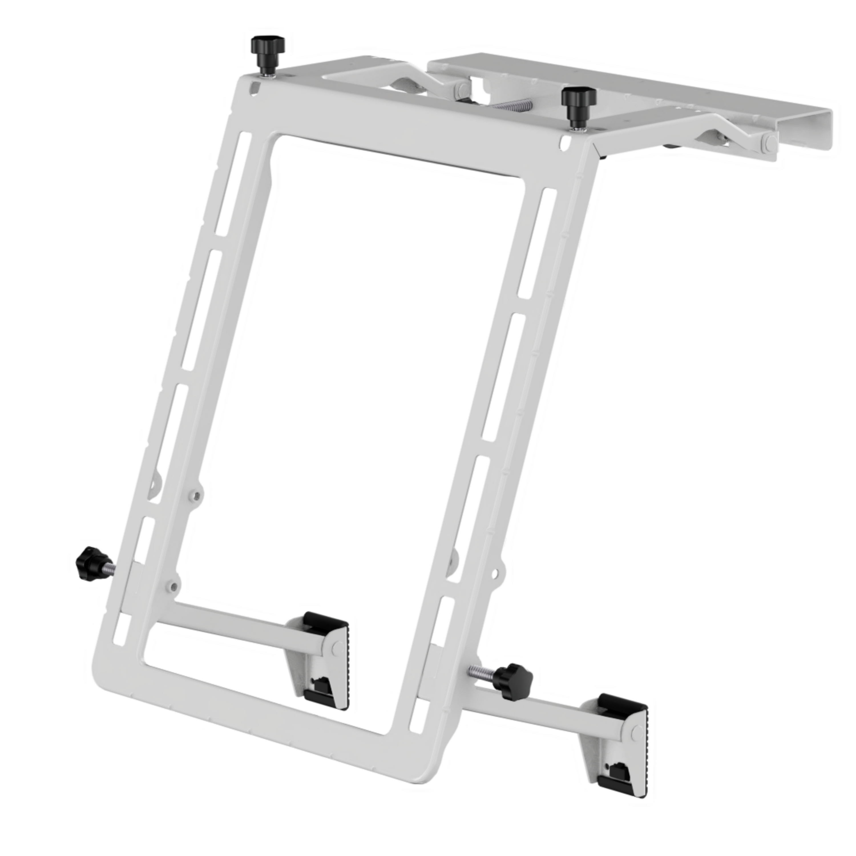 Ein weißer, verstellbarer Wandhalter für Klimaanlagen mit schwarzen Klemmen.