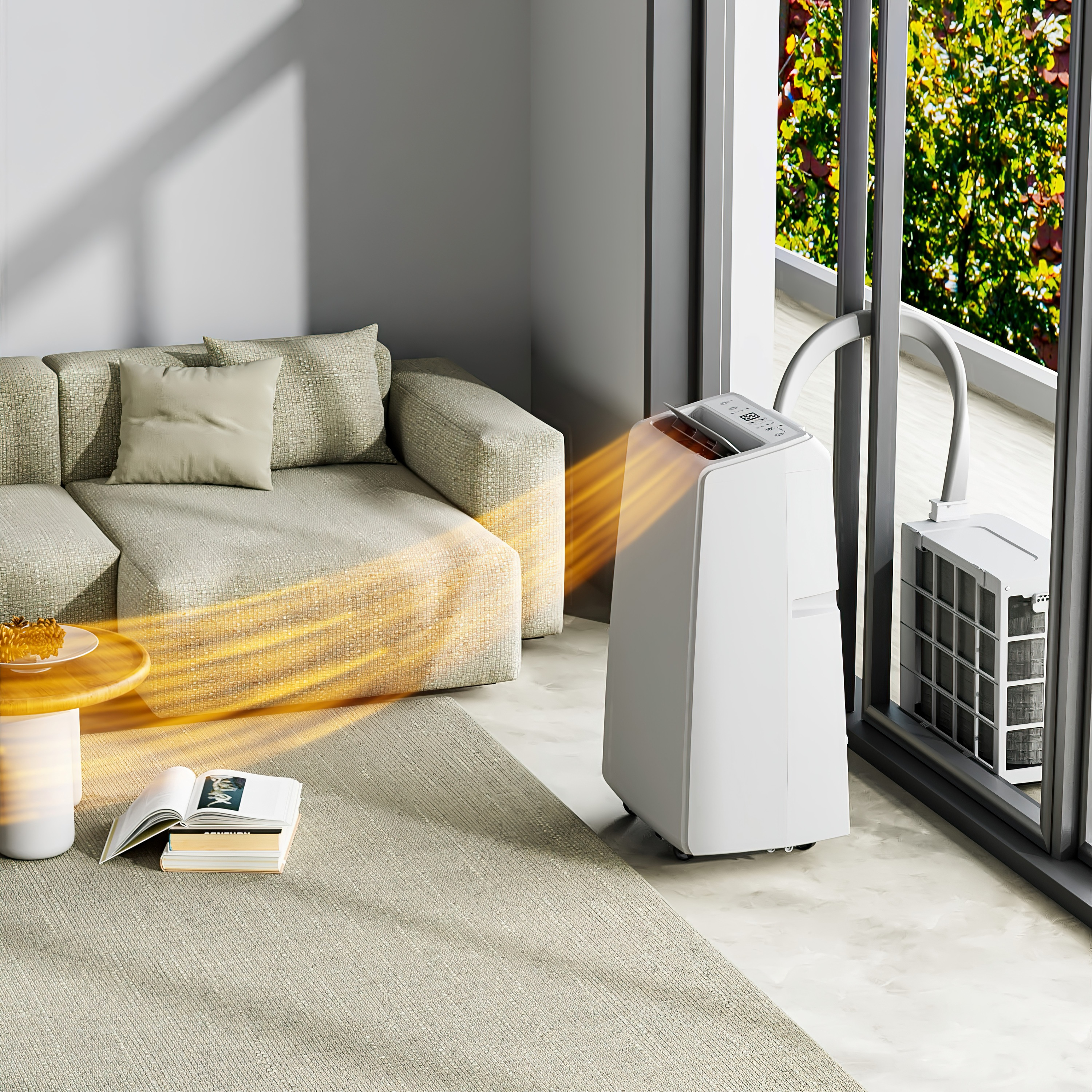 Ein weißer, tragbarer Klimaanlagen-Luftkühler steht neben einem Sofa und bläst warme Luft aus.