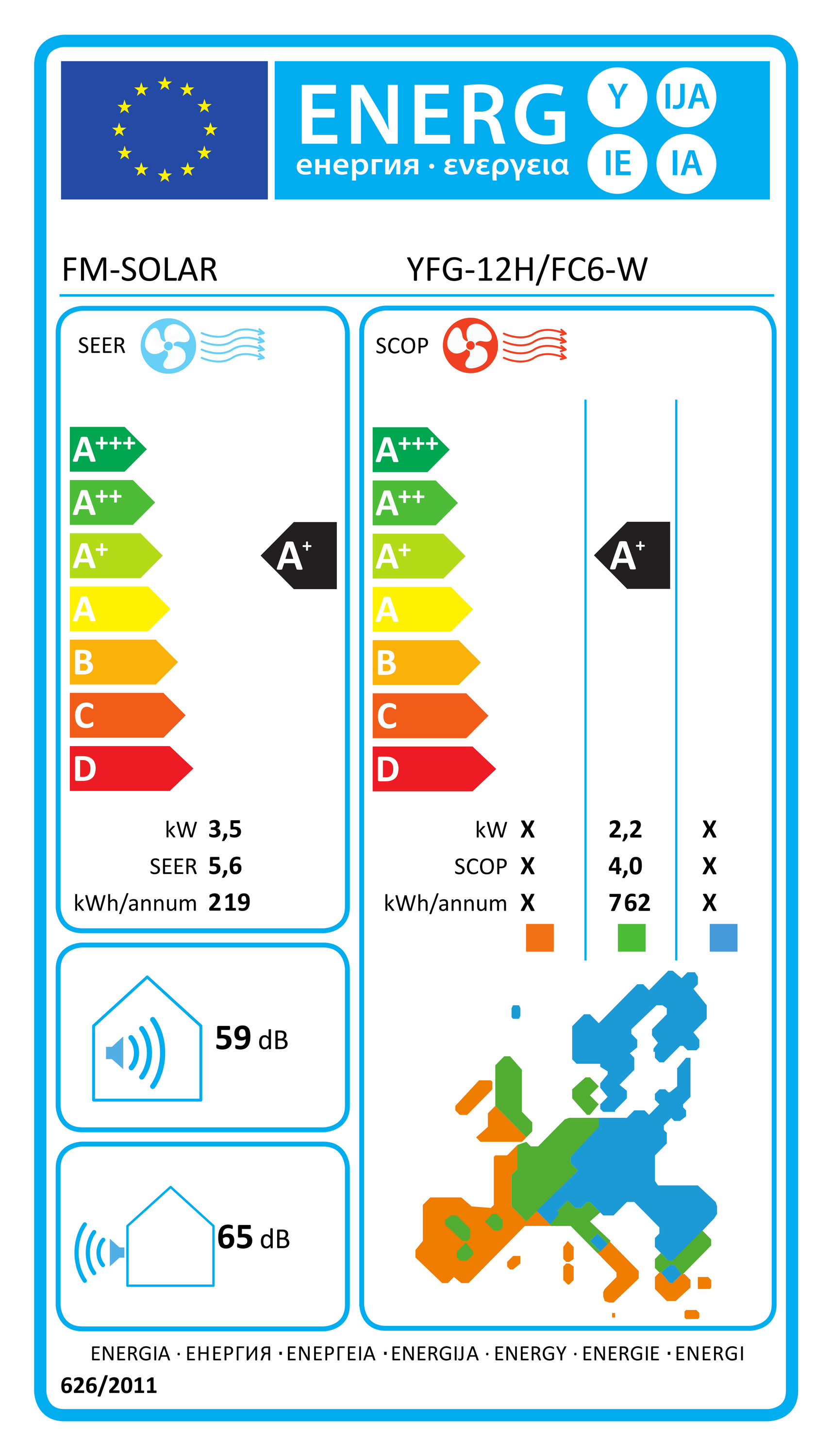 Energielabel mit Effizienzklassen A+++ bis D, Kühl-/Heizleistung und Geräuschpegel.