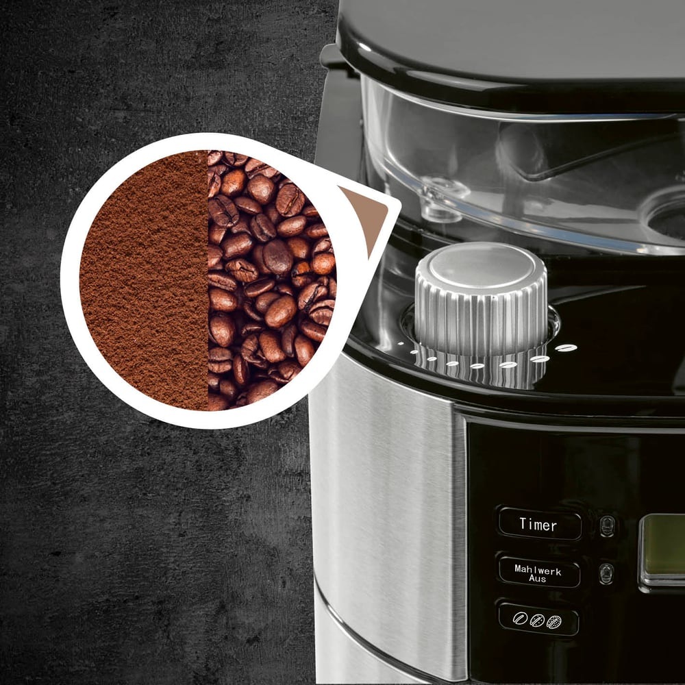 Cafetera con molinillo, mostrando granos y molido de café. Perilla y botones visibles.