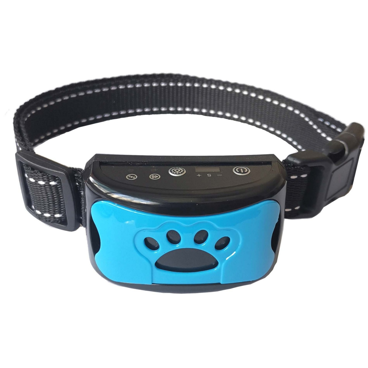 Ein blaues und schwarzes Hundehalsband mit Pfotenabdruckdesign und Knöpfen.