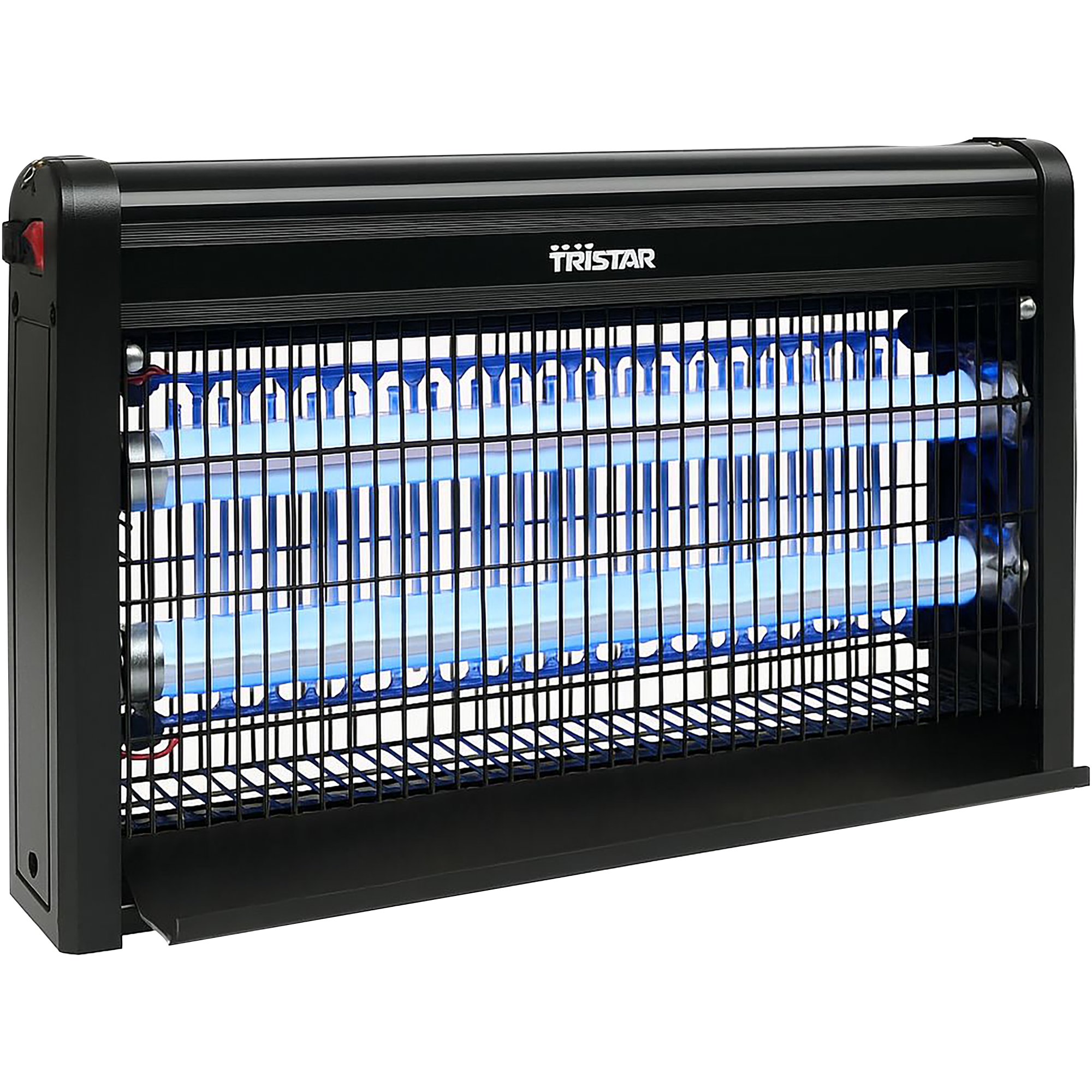 Insetticida nero con tubi UV blu e griglia metallica.