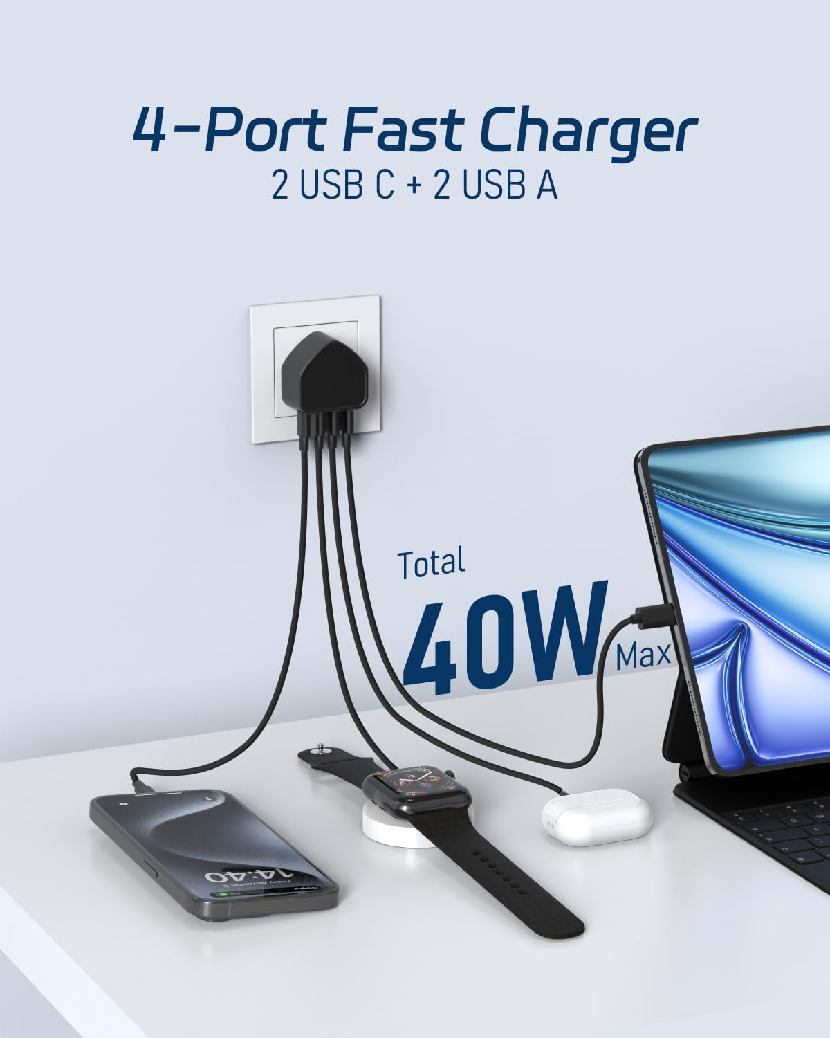Schwarzer 4-Port-Schnellladegerät lädt Handy, Uhr, Kopfhörer und Tablet.