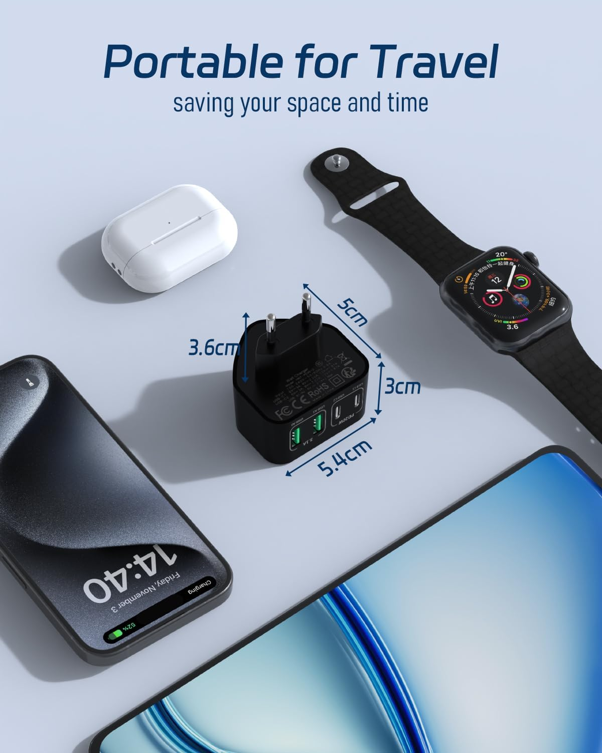 Ein schwarzes Ladegerät, weiße Kopfhörer, eine Smartwatch und ein Smartphone.
