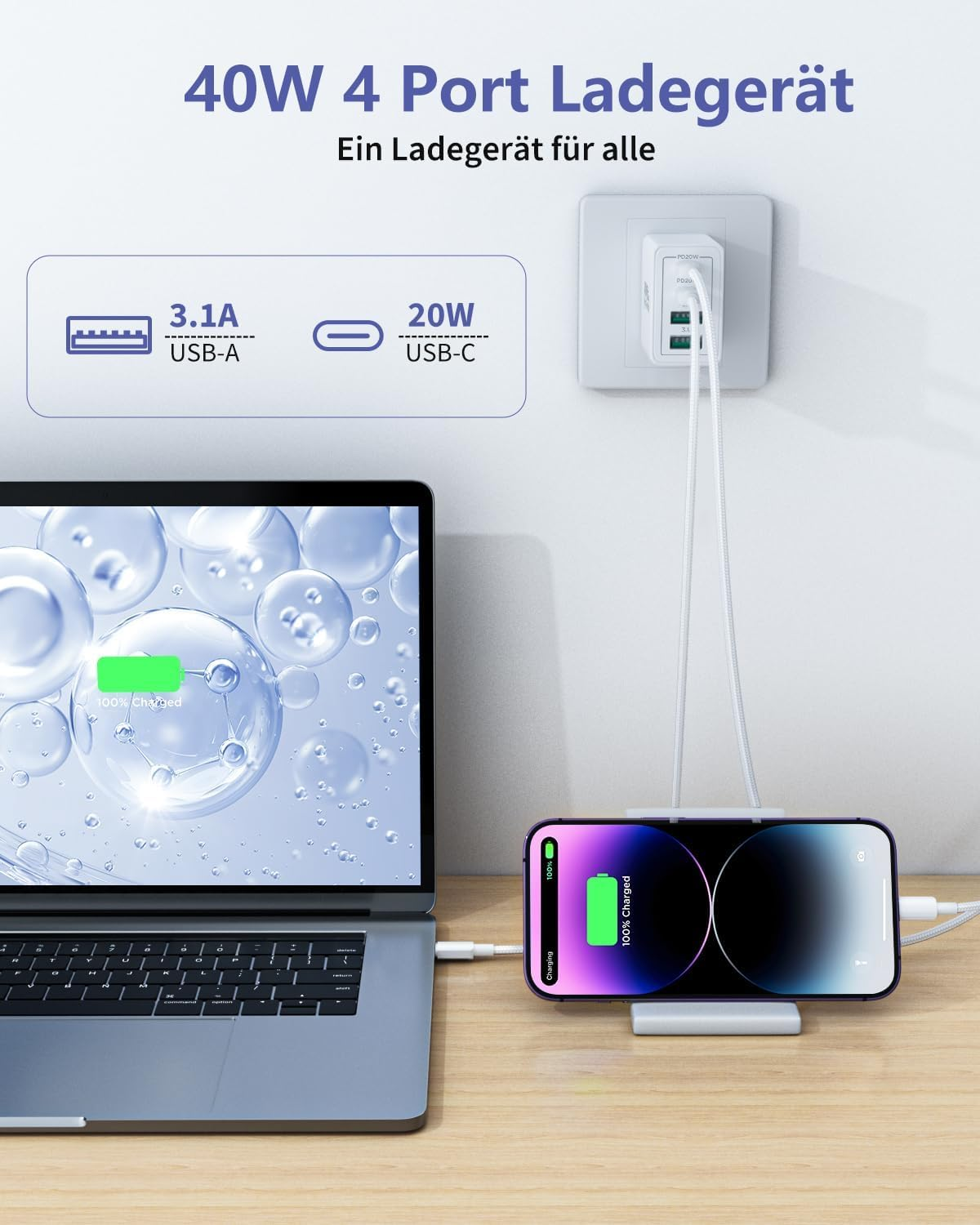 40W 4-Port-Ladegerät lädt Laptop und Handy. Ein Ladegerät für alle.