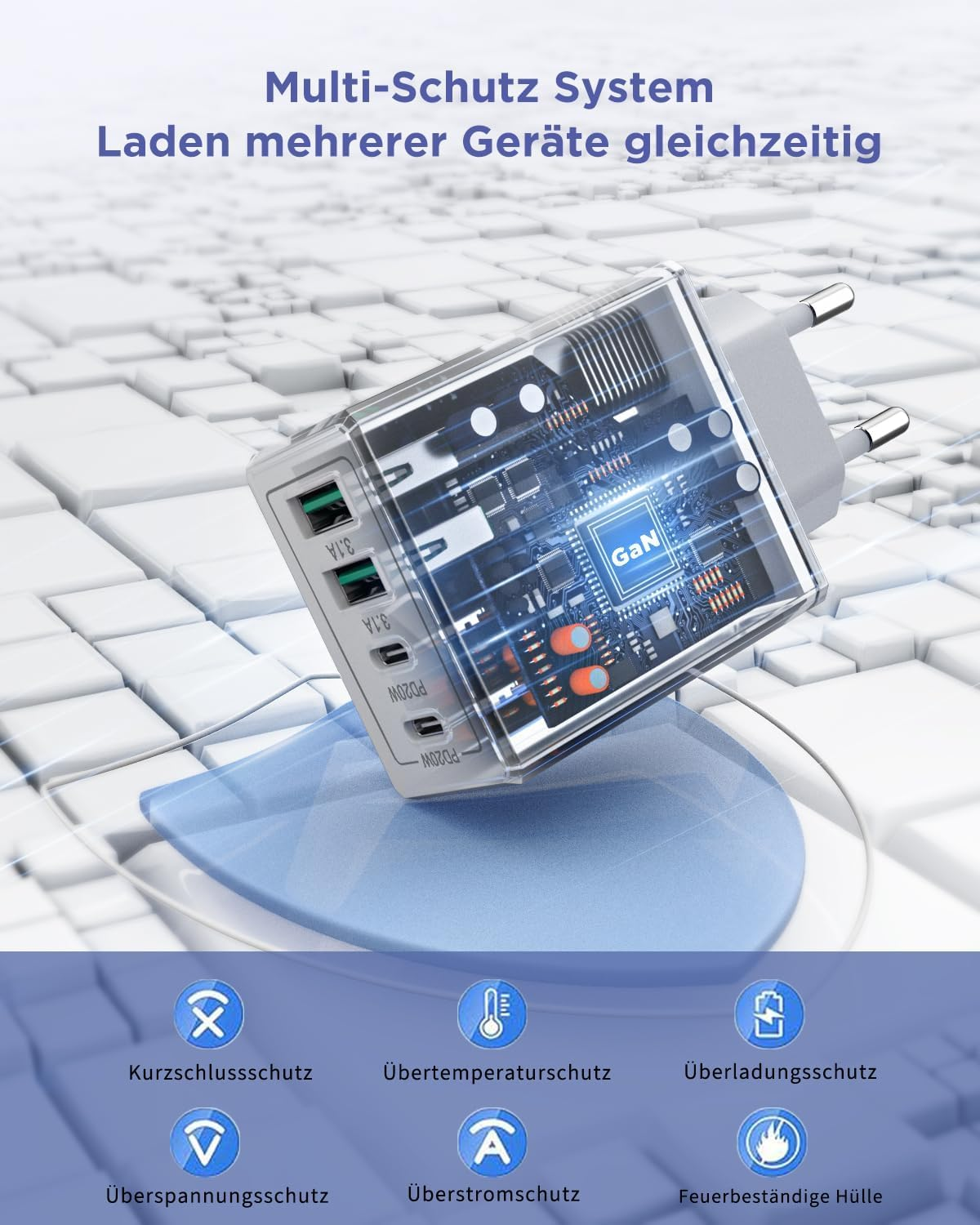 Transparenter GaN-Ladegerät mit mehreren Anschlüssen und Schutzsymbolen.