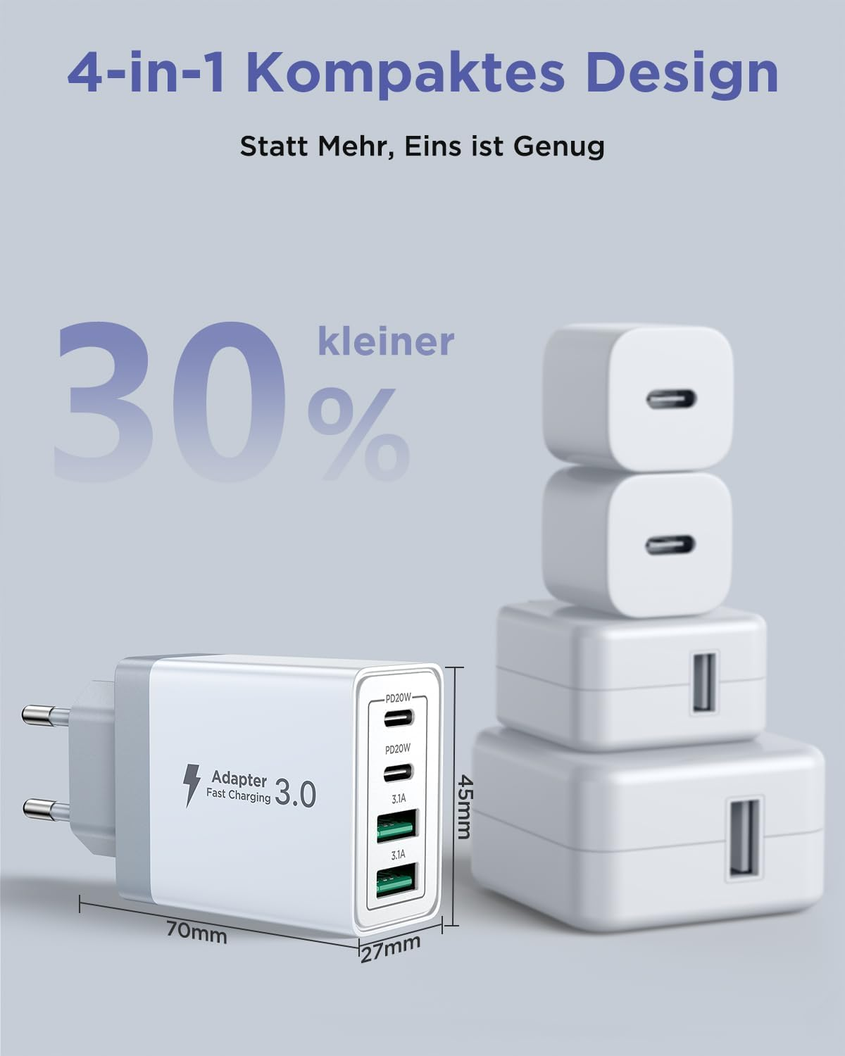 Weiße Ladegeräte mit 4 Anschlüssen und USB-C, Abmessungen 70x45x27mm.