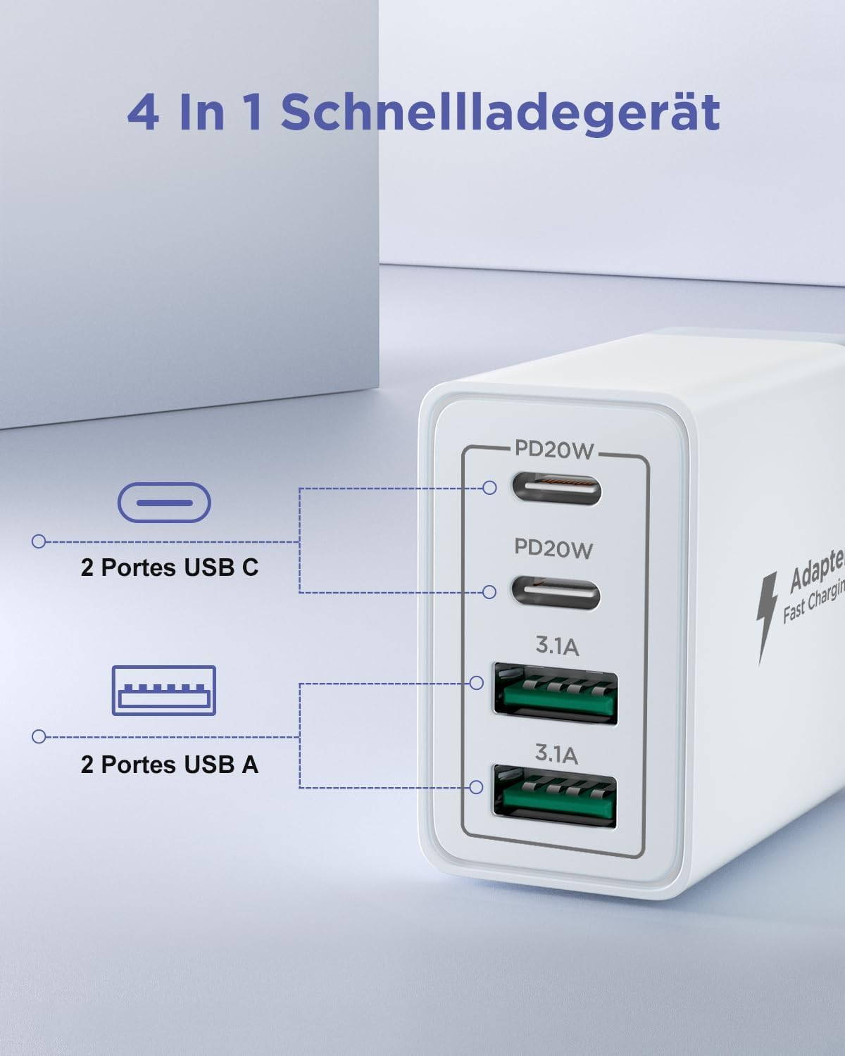 Ein weißes 4-in-1-Schnellladegerät mit zwei USB-C- und zwei USB-A-Anschlüssen.