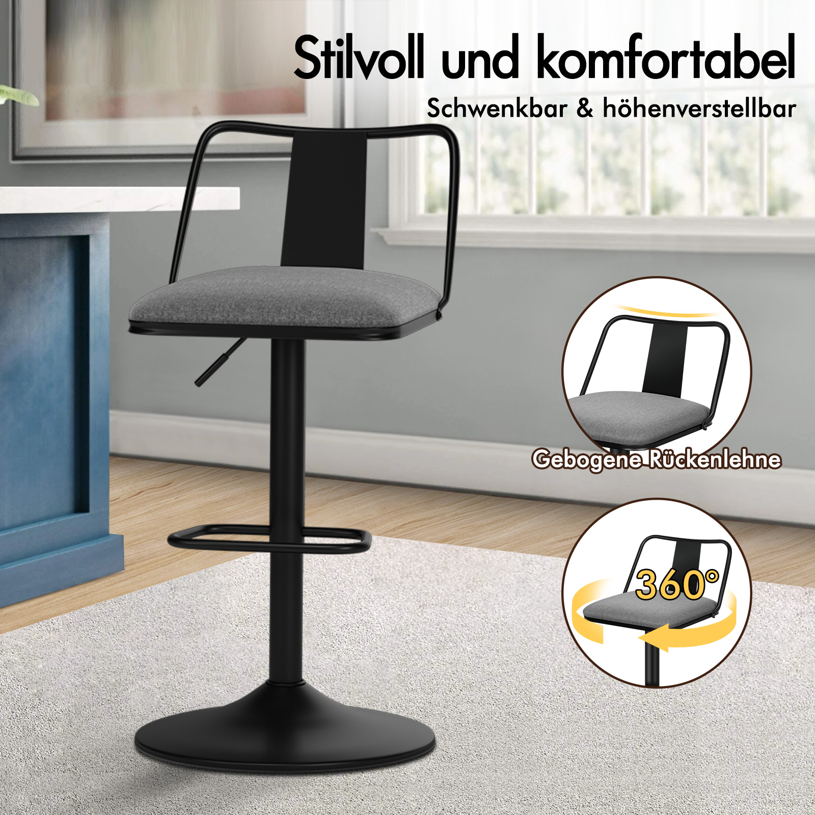 Ein schwarzer Barhocker mit grauem Sitz und Rückenlehne auf einem hellen Teppich.