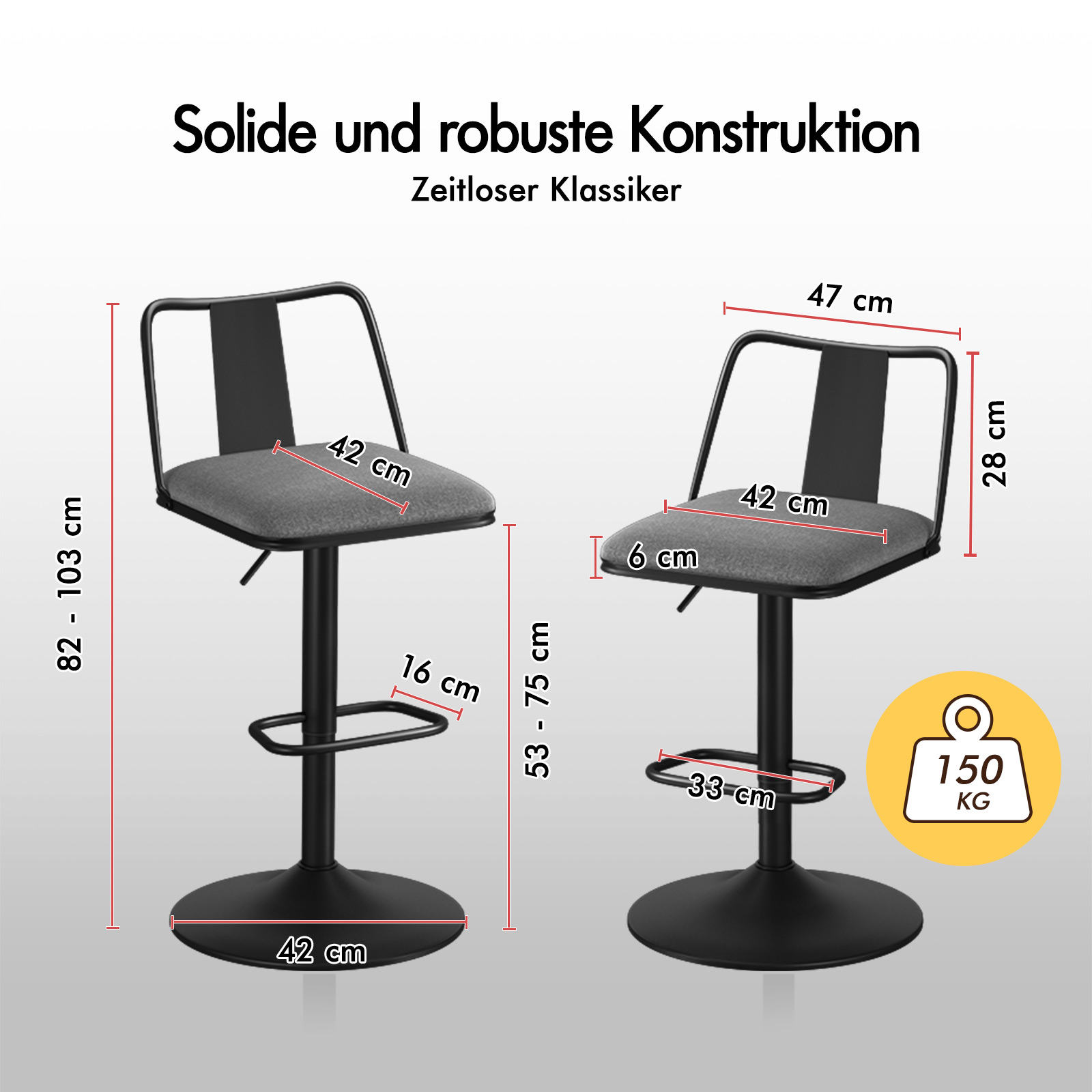 Zwei schwarze Barhocker mit grauen Sitzflächen und Maßen.