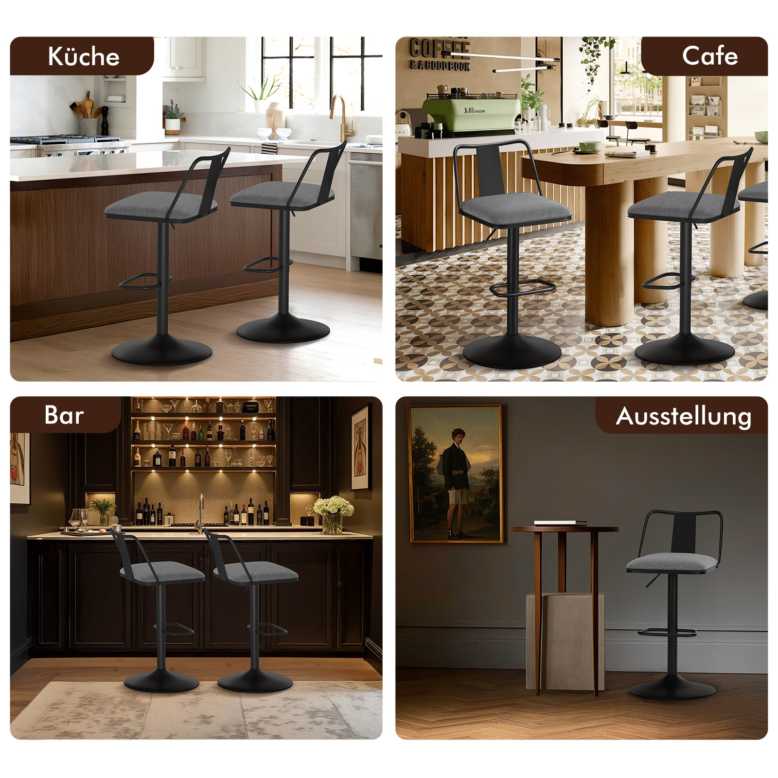 Vier Bilder zeigen Barhocker in verschiedenen Umgebungen: Küche, Café, Bar, Ausstellung.
