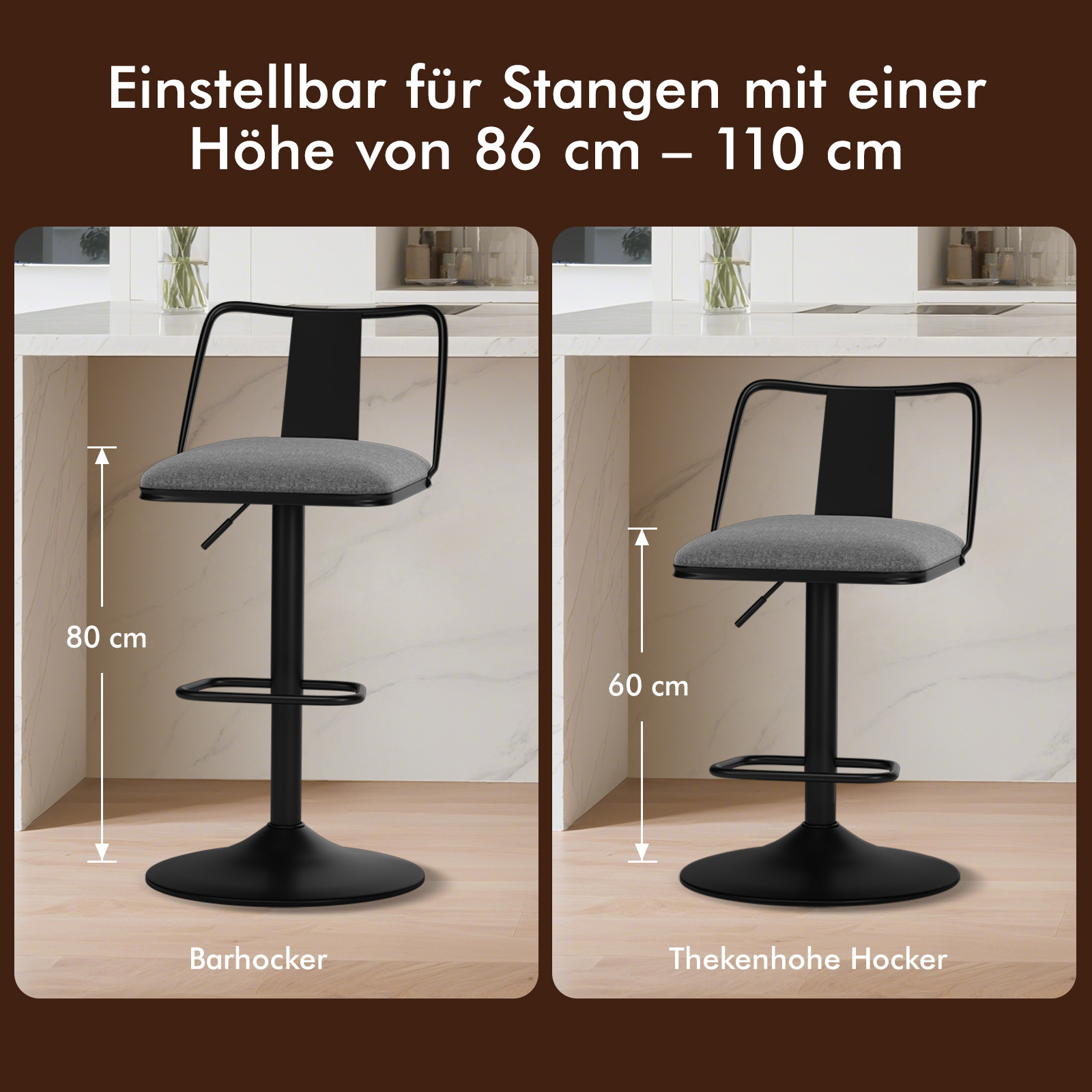 Zwei schwarze Barhocker im Vergleich: einer 80cm, der andere 60cm hoch.
