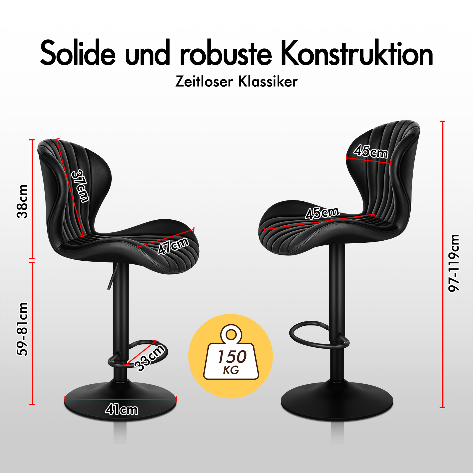 Zwei schwarze Barhocker mit Maßen und einem Gewichtslimit von 150 kg.
