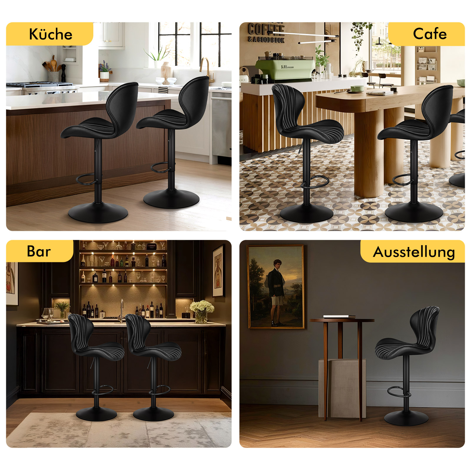 Zwei schwarze Barhocker in einer modernen Küche, eine Kaffeemaschine in einem Café, ein beleuchteter Bartresen und ein Ausstellungsraum.