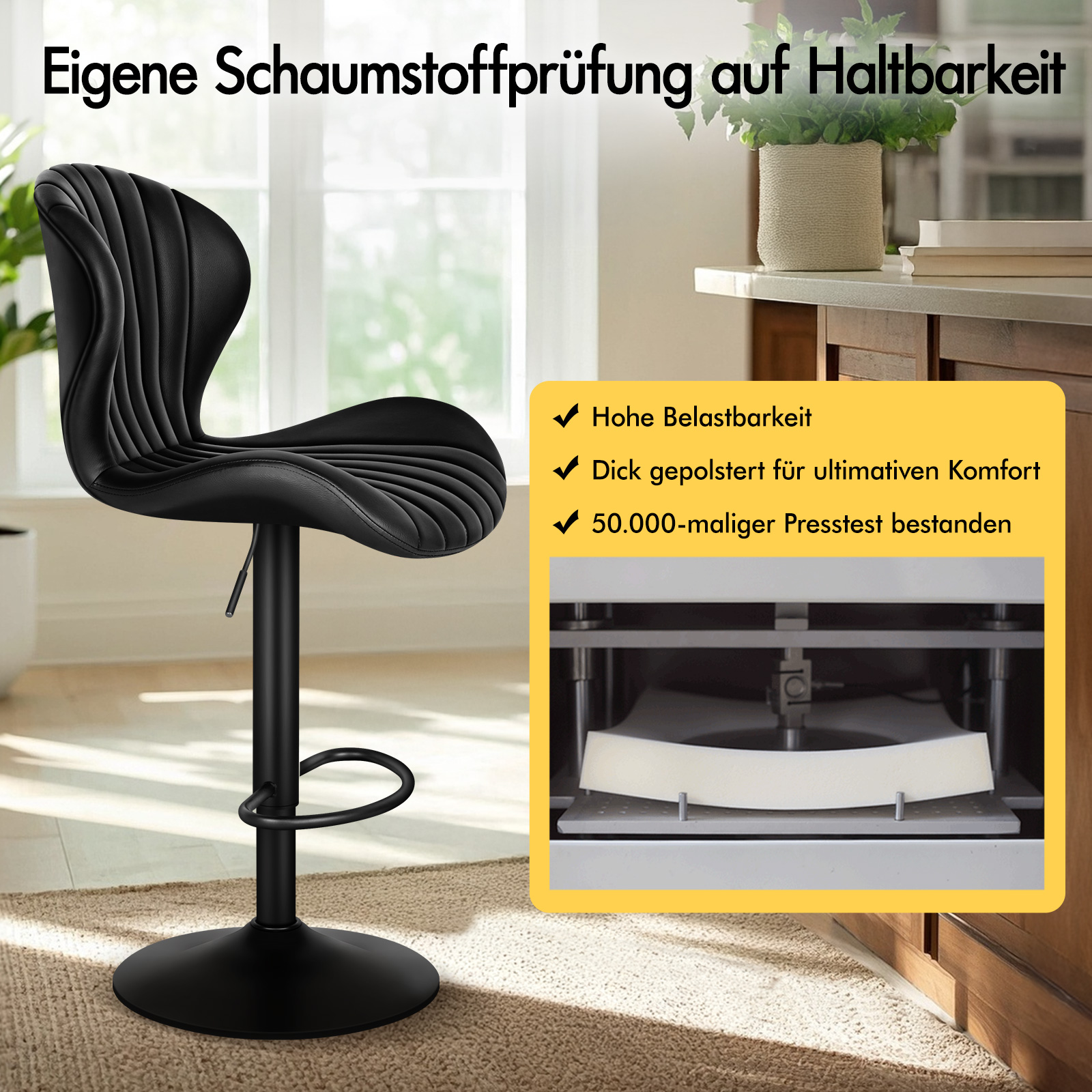 Schwarzer Barhocker mit Rillenpolsterung, daneben ein Schaumstoff-Belastungstest.