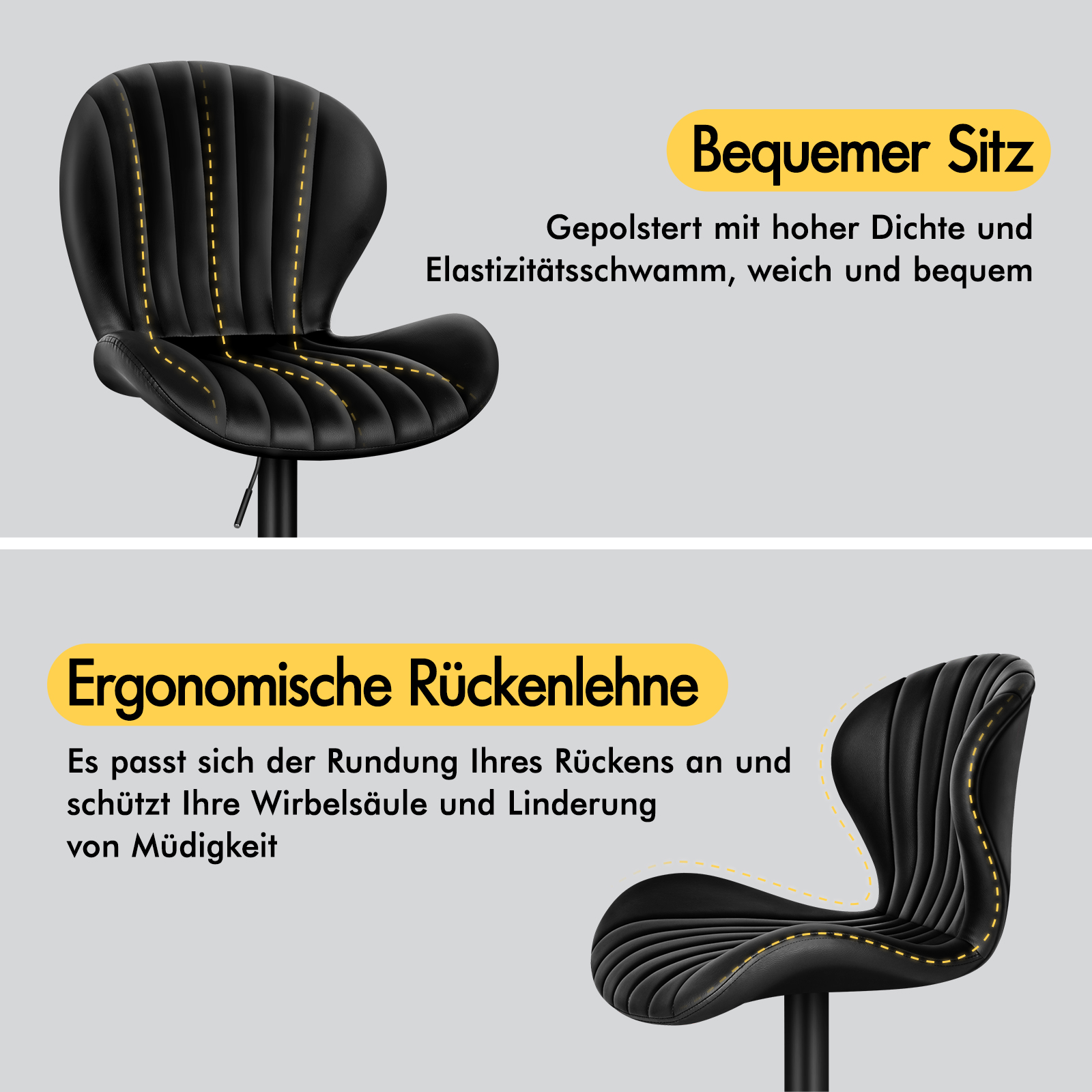 Schwarzer Stuhl mit gepolsterter Sitzfläche und R ückenlehne.