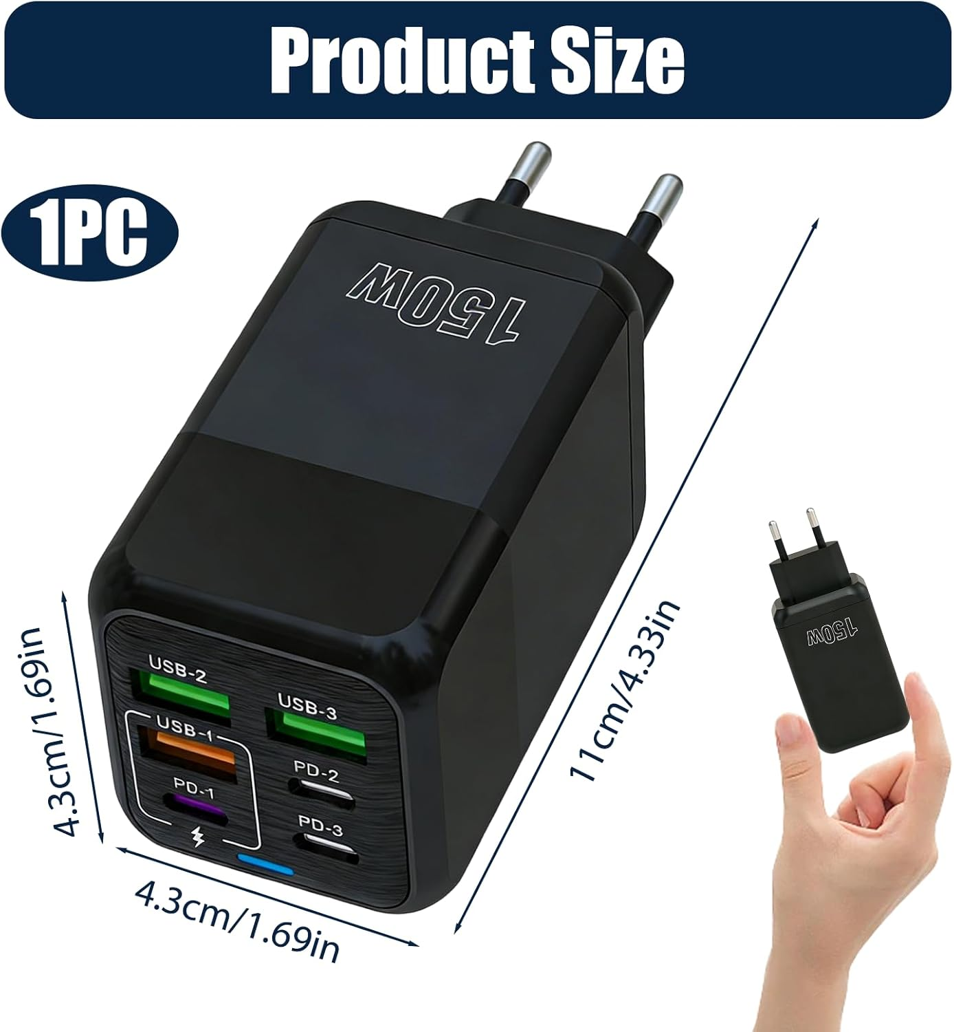 Schwarzes Ladegerät mit mehreren Anschlüssen (USB, PD) und Größenangaben.
