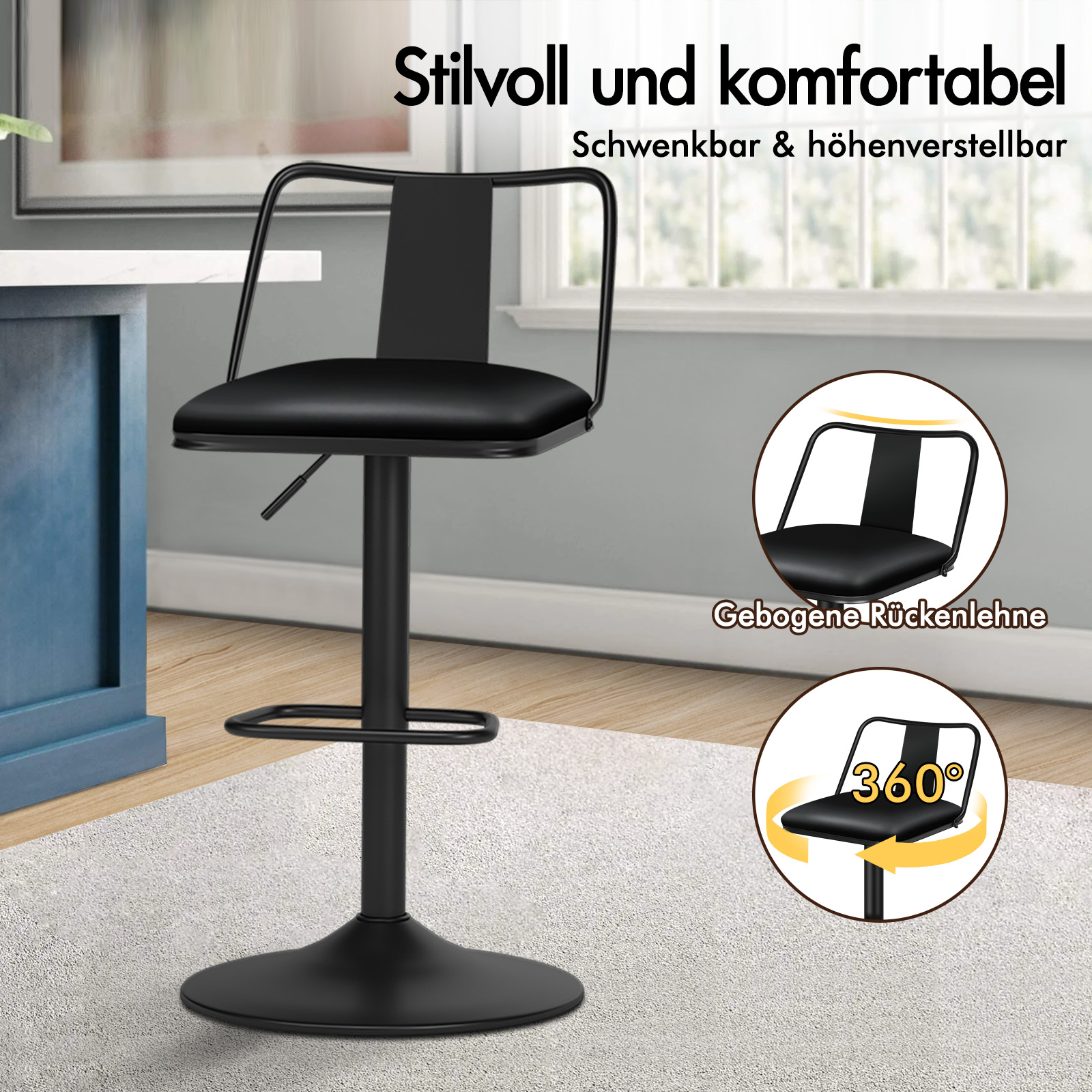 Ein schwarzer Barhocker mit Metallrahmen und verstellbarer Höhe steht auf einem Teppich.