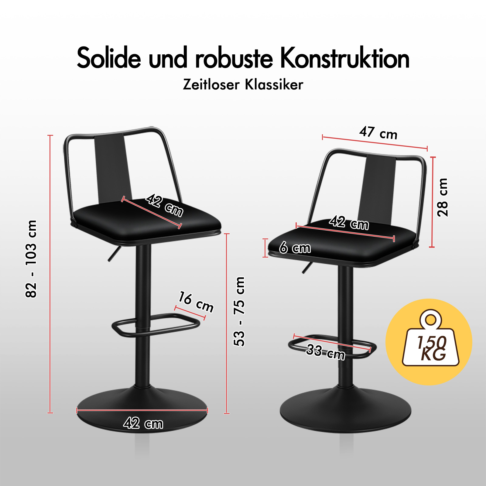 Zwei schwarze Barhocker mit Maßen und Tragkraftangabe (150kg).