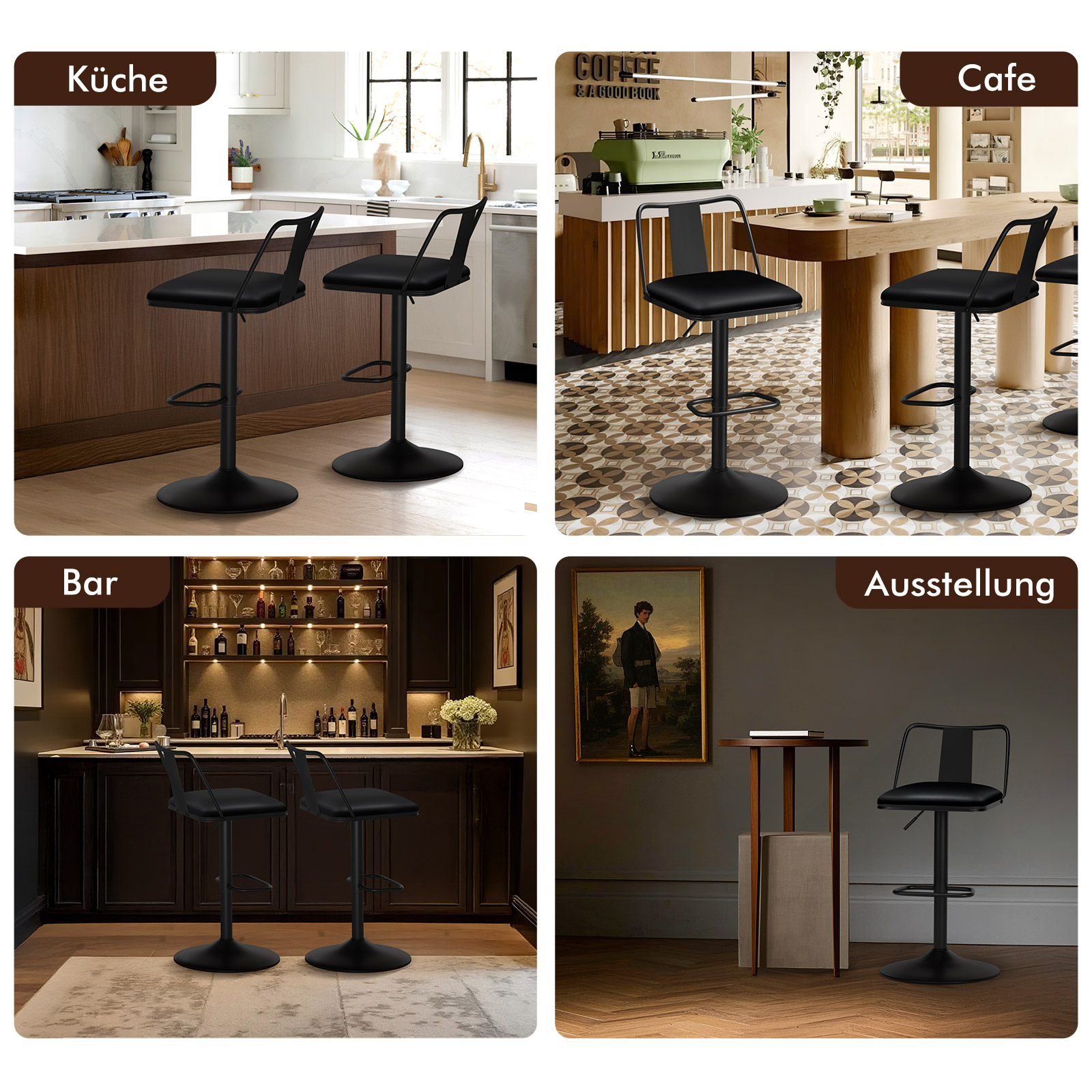 Vier Bilder zeigen schwarze Barhocker in verschiedenen Umgebungen: Küche, Café, Bar und Ausstellung.