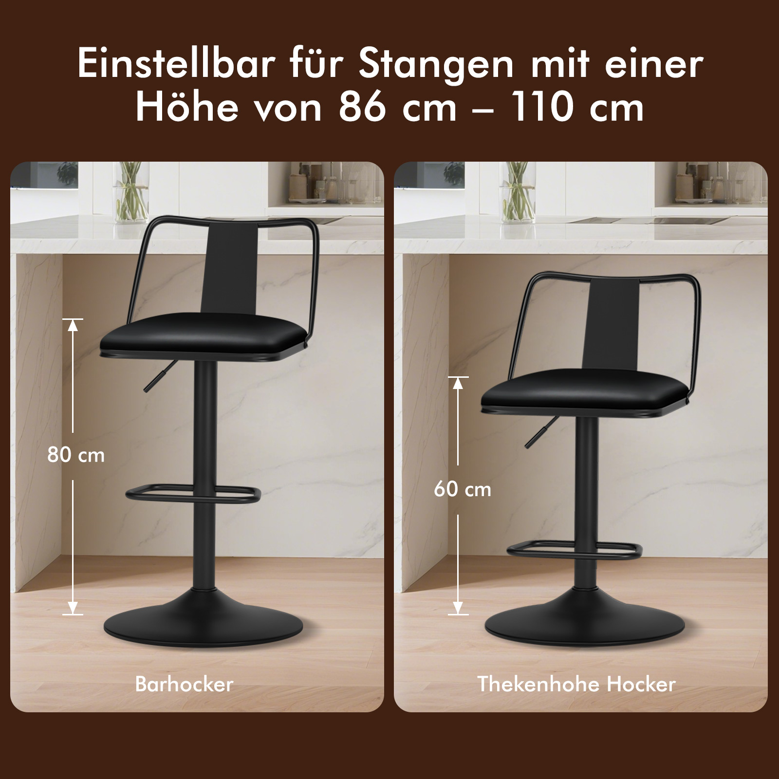 Zwei schwarze Barhocker, einer 80cm, der andere 60cm hoch.