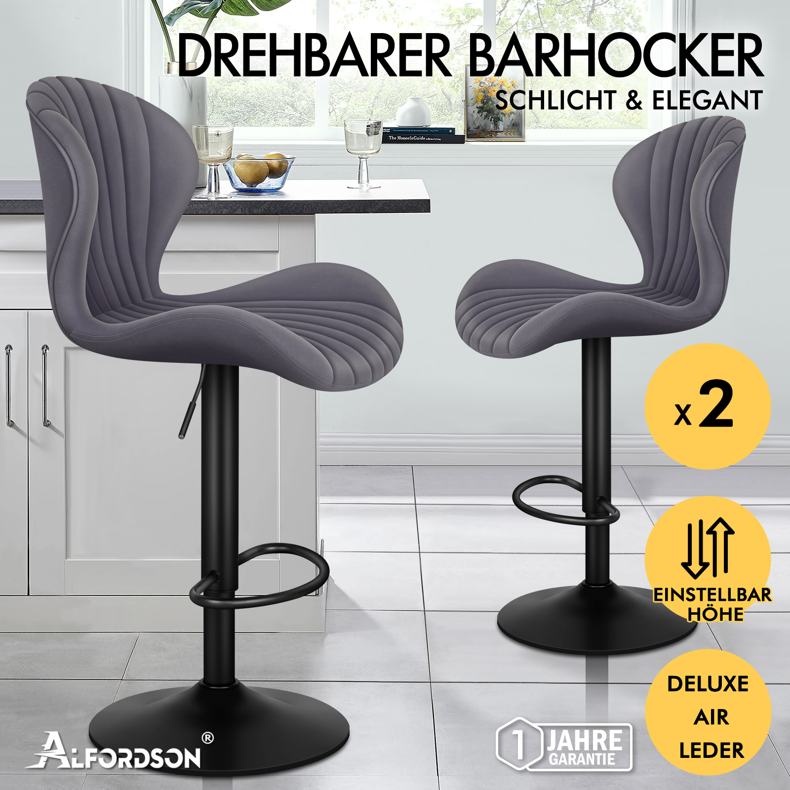 Zwei graue Barhocker mit verstellbarer Höhe und schwarzer Basis.