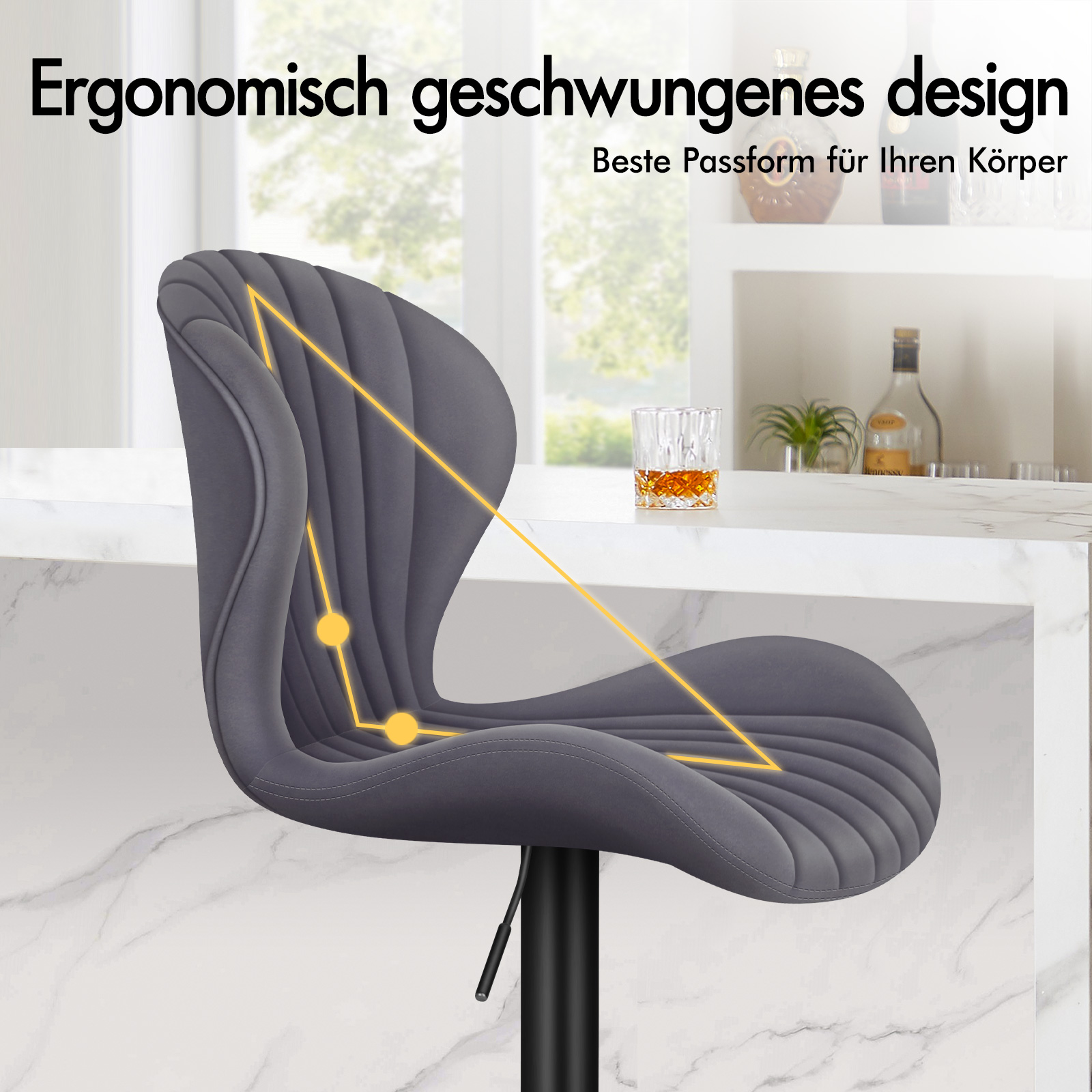 Grauer Barhocker mit ergonomischem Design, auf einem Marmortresen.