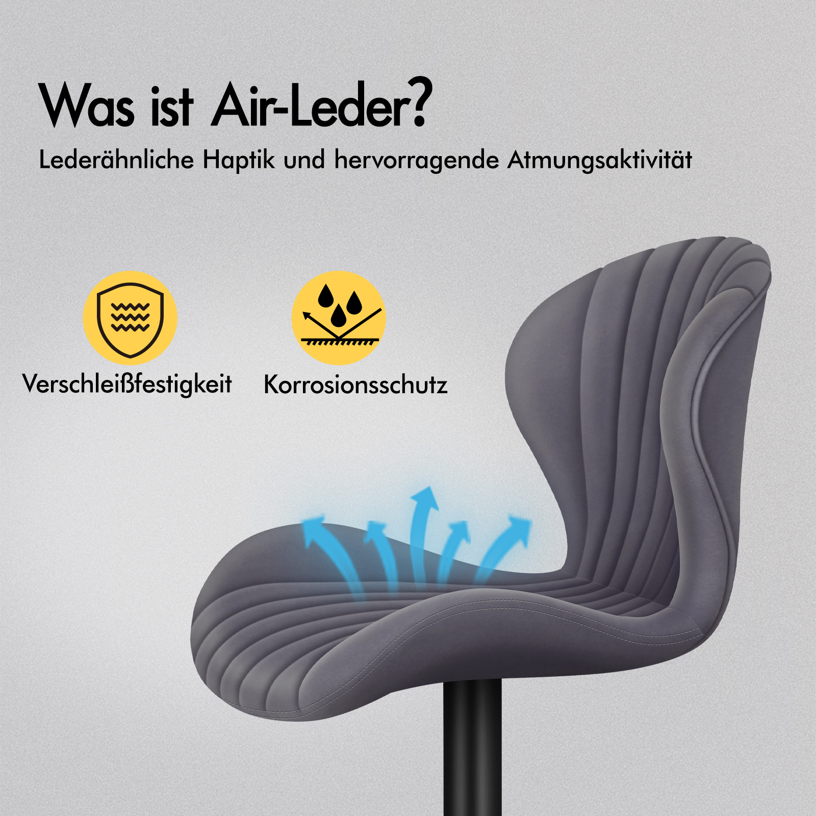 Grauer Stuhl mit blauen Luftpfeilen, die Atmungsaktivität zeigen.