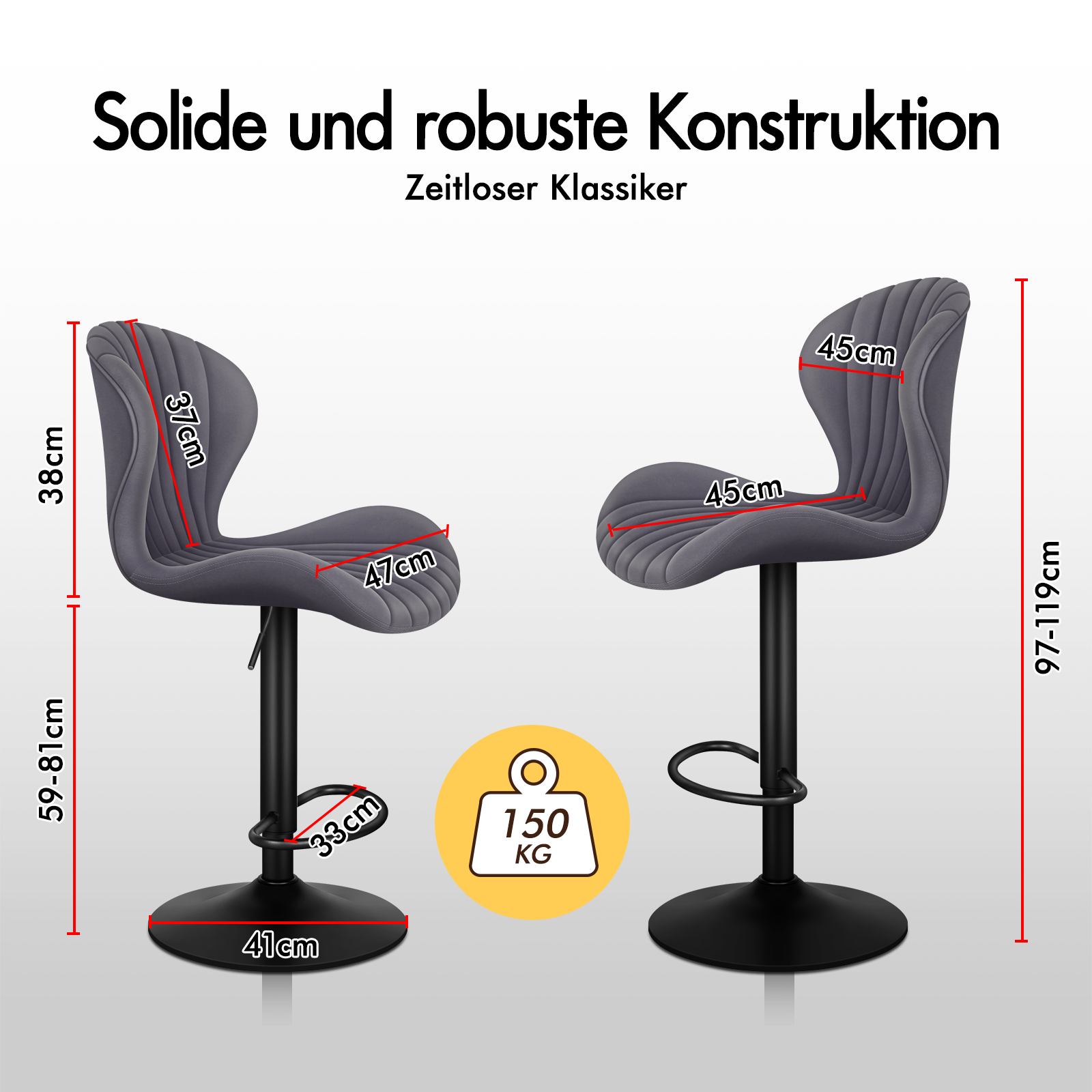 Zwei graue Barhocker mit Maßen und Belastbarkeit von 150 kg.