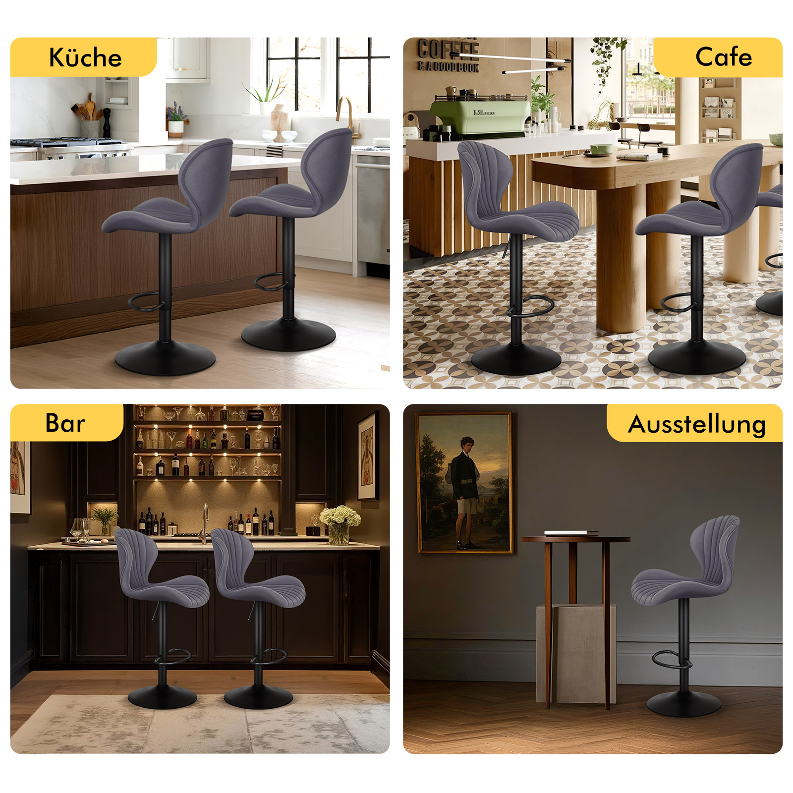 Graue Barhocker in verschiedenen Umgebungen: Küche, Café, Bar, Ausstellung.