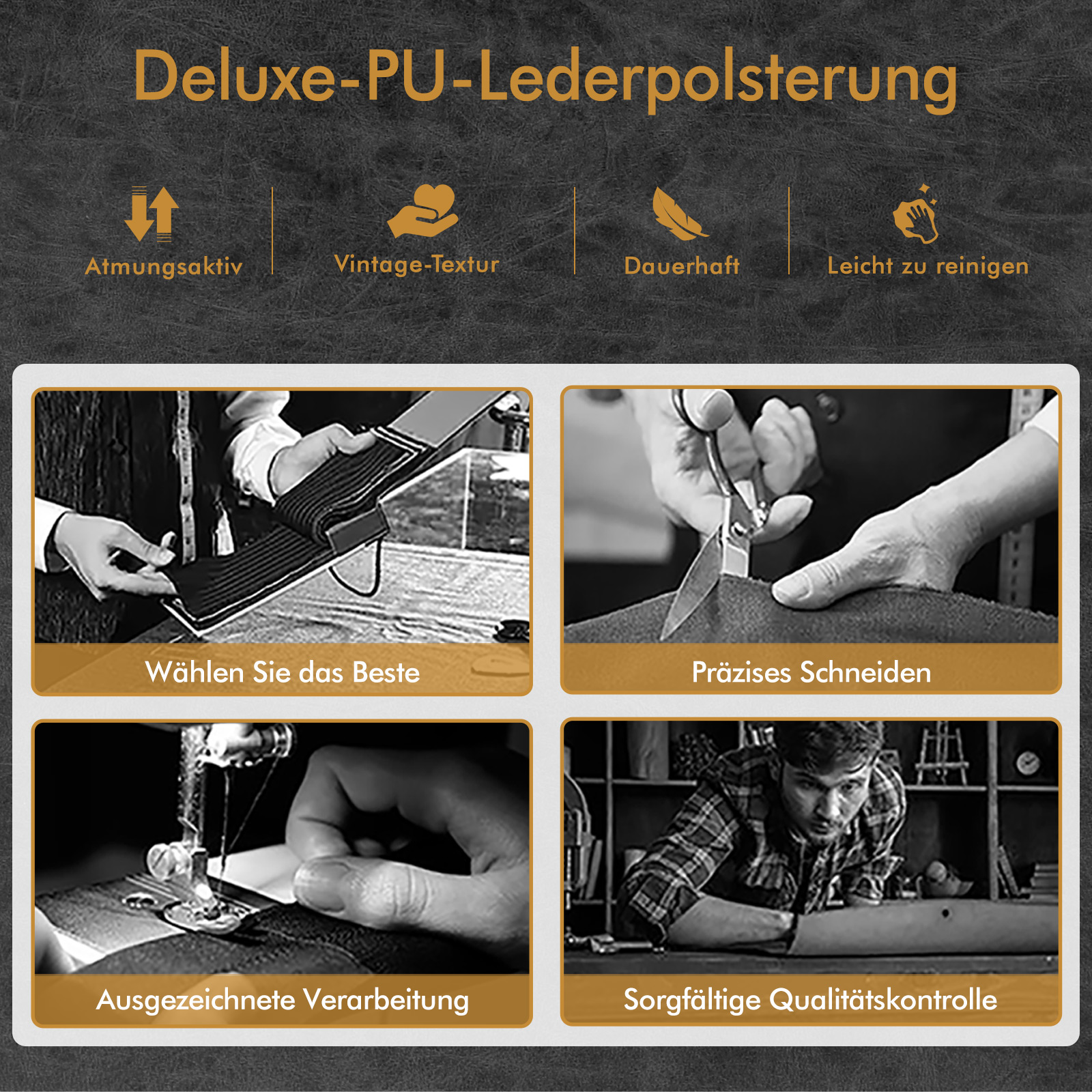Deluxe PU-Lederpolsterung: atmungsaktiv, vintage, langlebig, leicht zu reinigen.