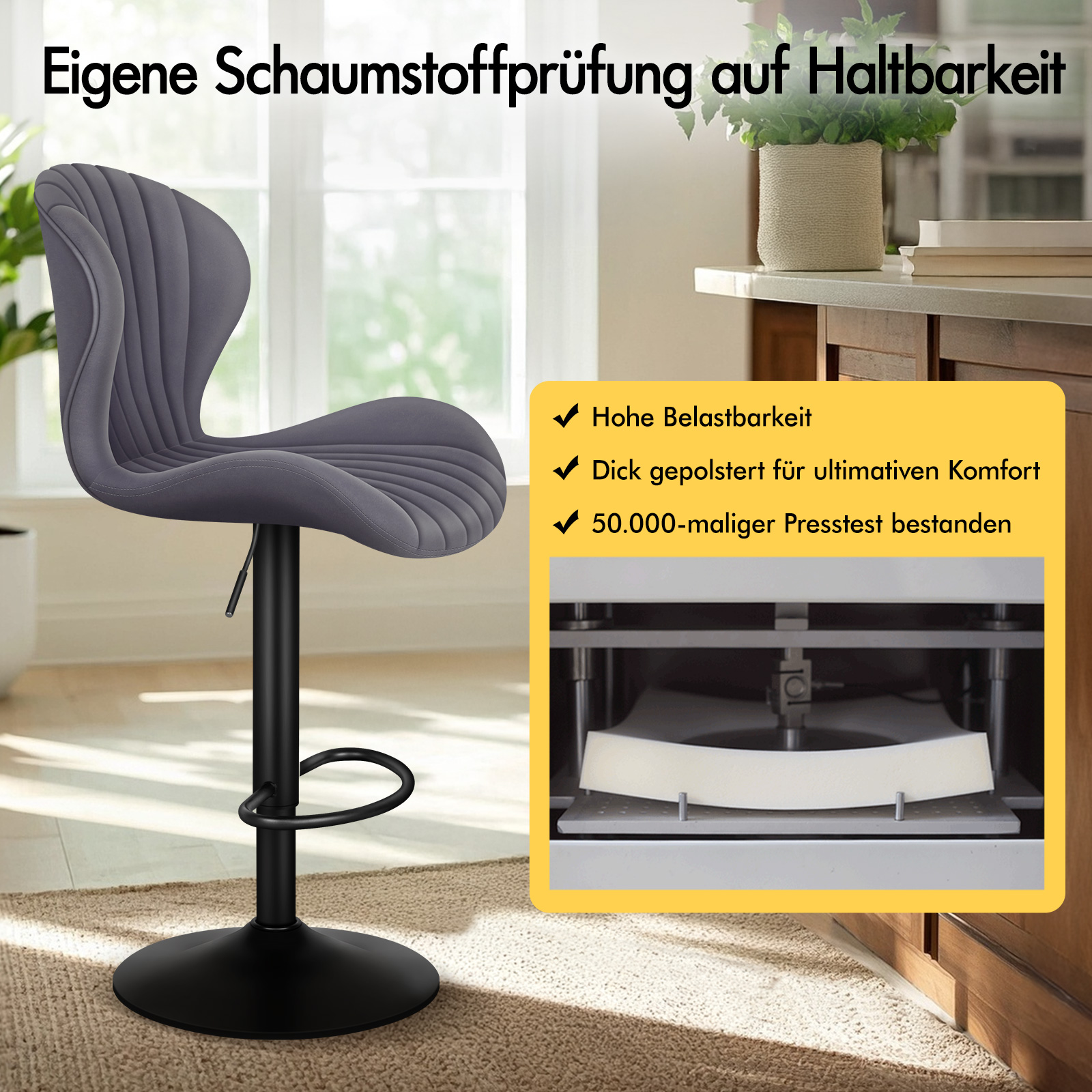 Grauer Barhocker mit Polsterung, daneben ein Schaumstoff-Drucktest.