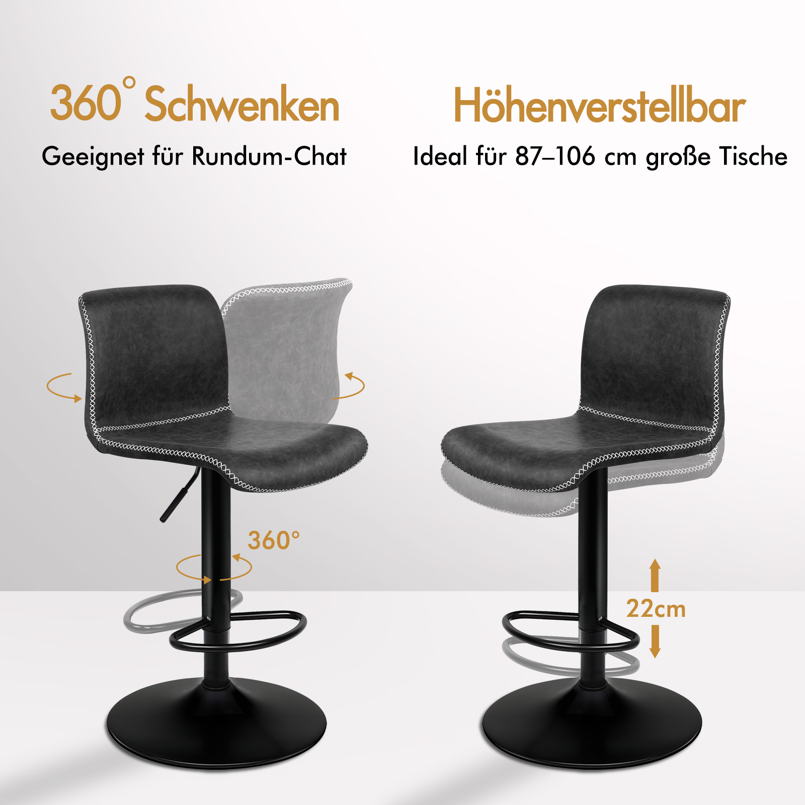 Ein schwarzer Barhocker mit 360-Grad-Drehung und Höhenverstellung.