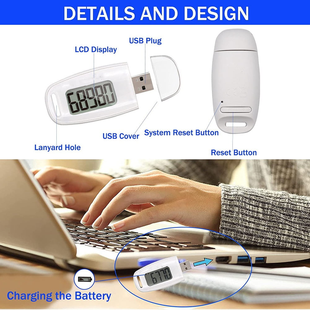 Schrittzähler mit USB-Stecker, LCD-Display und Lanyard-Loch.