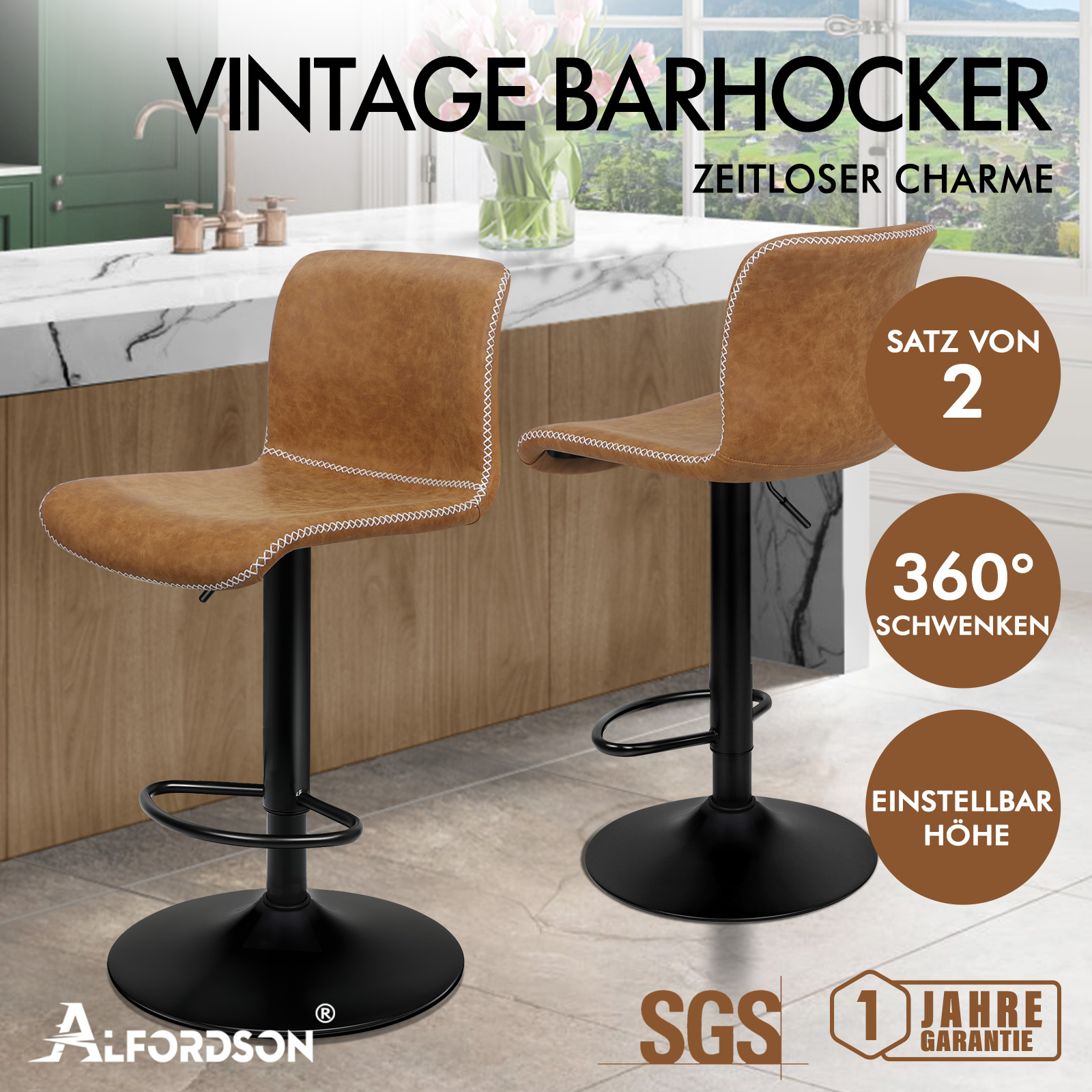 Zwei braune Barhocker mit schwarzem Fuß und verstellbarer Höhe.