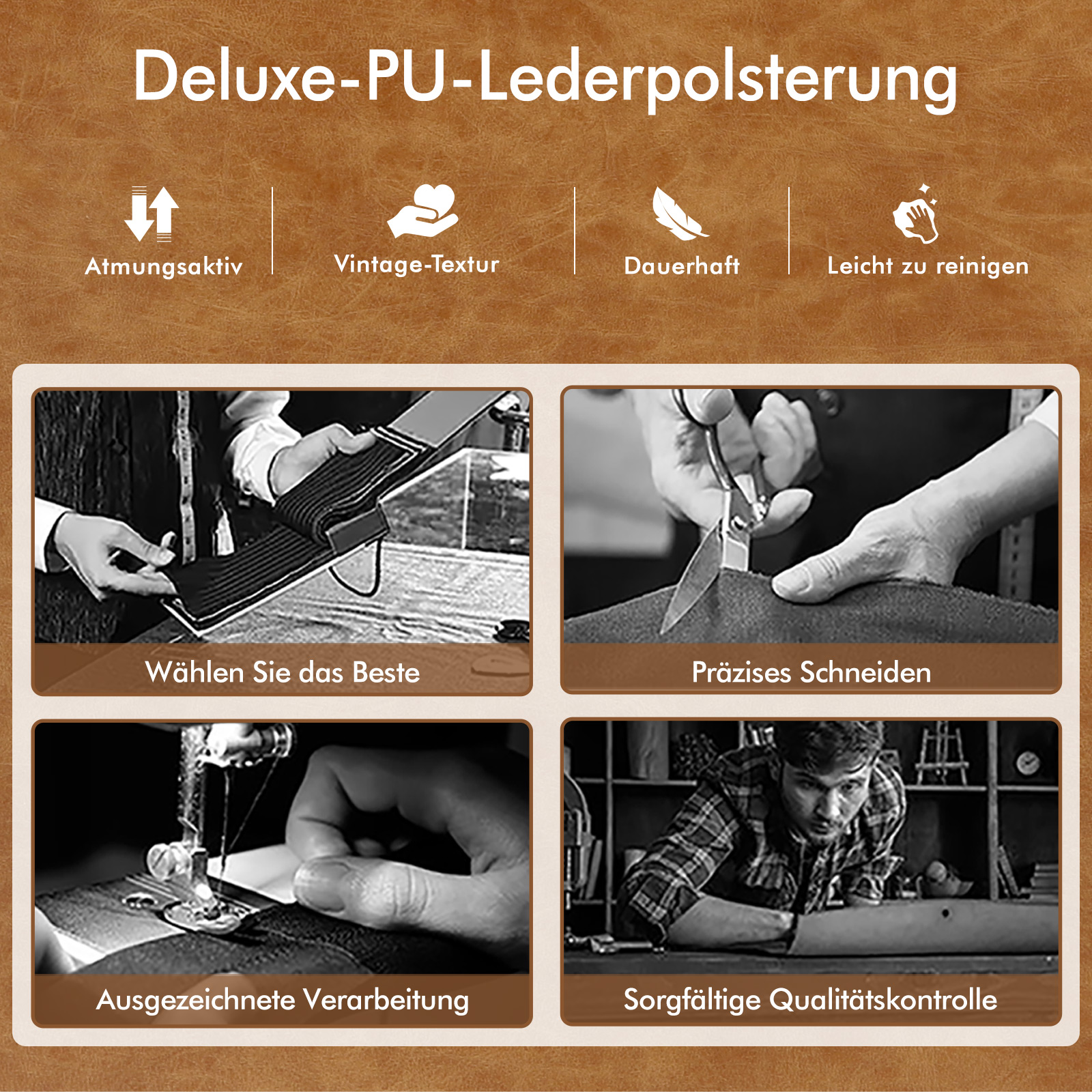 Vier Bilder zeigen PU-Leder-Details: Auswahl, Schnitt, Nähen, Prüfung.