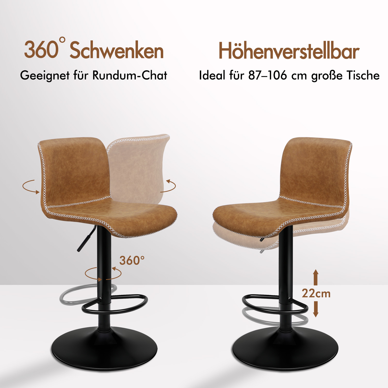 Brauner Barhocker mit 360° Drehfunktion und Höhenverstellung.