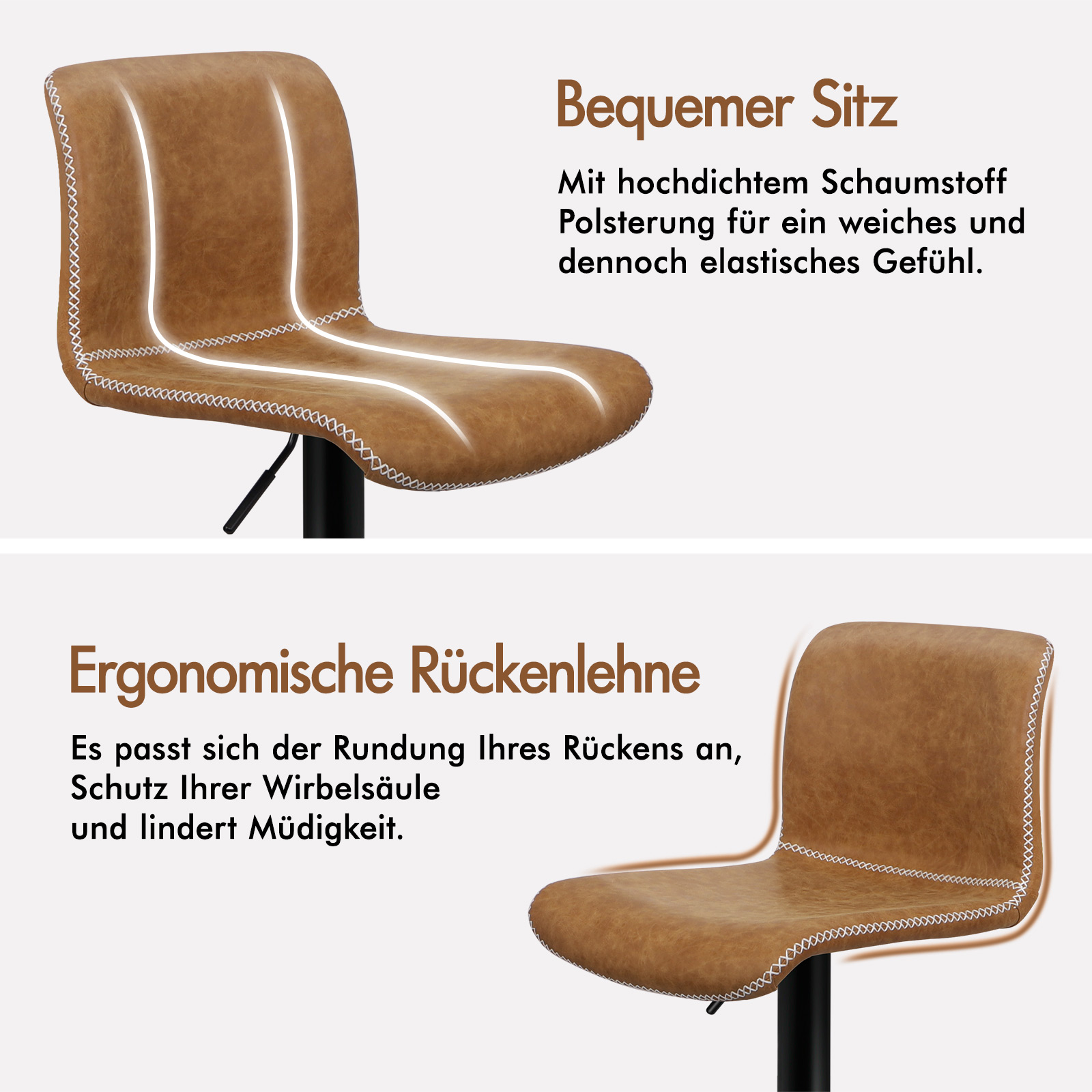 Brauner Kunstlederstuhl mit Nähten und weißen Highlights, die Komfort zeigen.