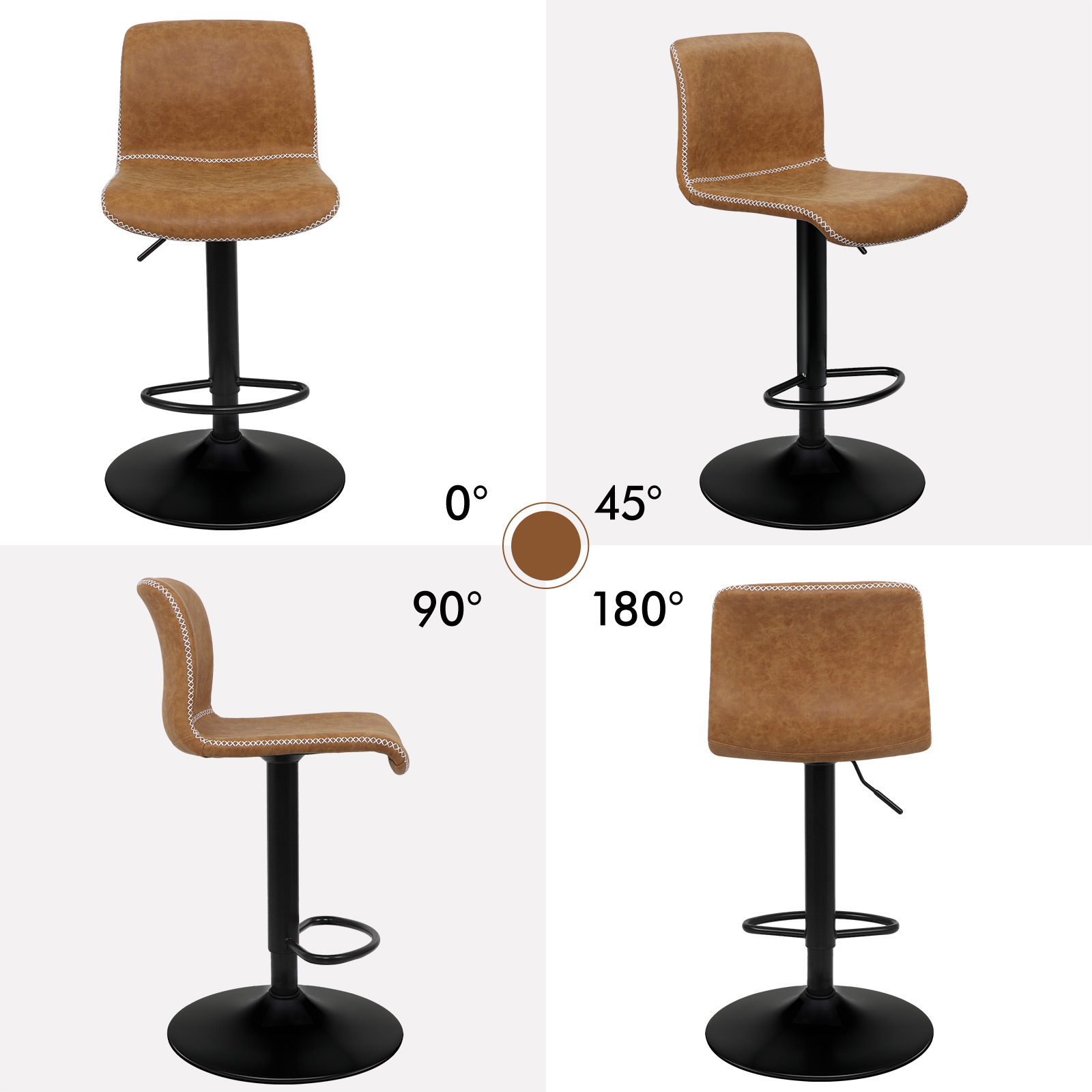 Ein brauner Barhocker mit weißer Naht, drehbar, mit schwarzer Basis.