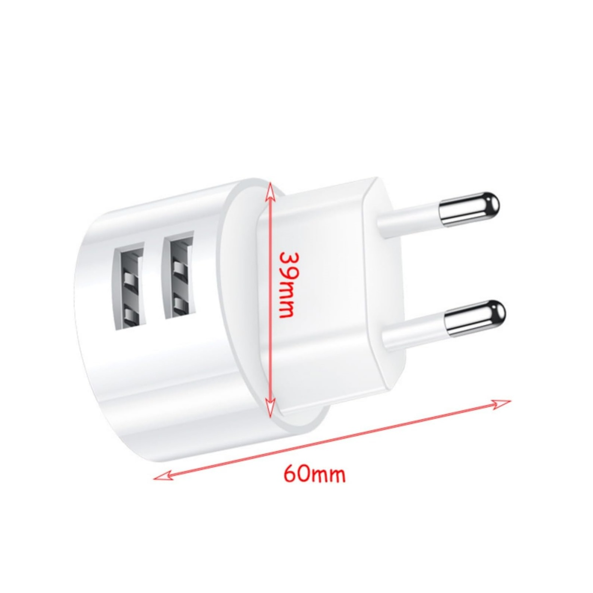 Weißer Reiseadapter mit zwei USB-Anschlüssen und Maßangaben.