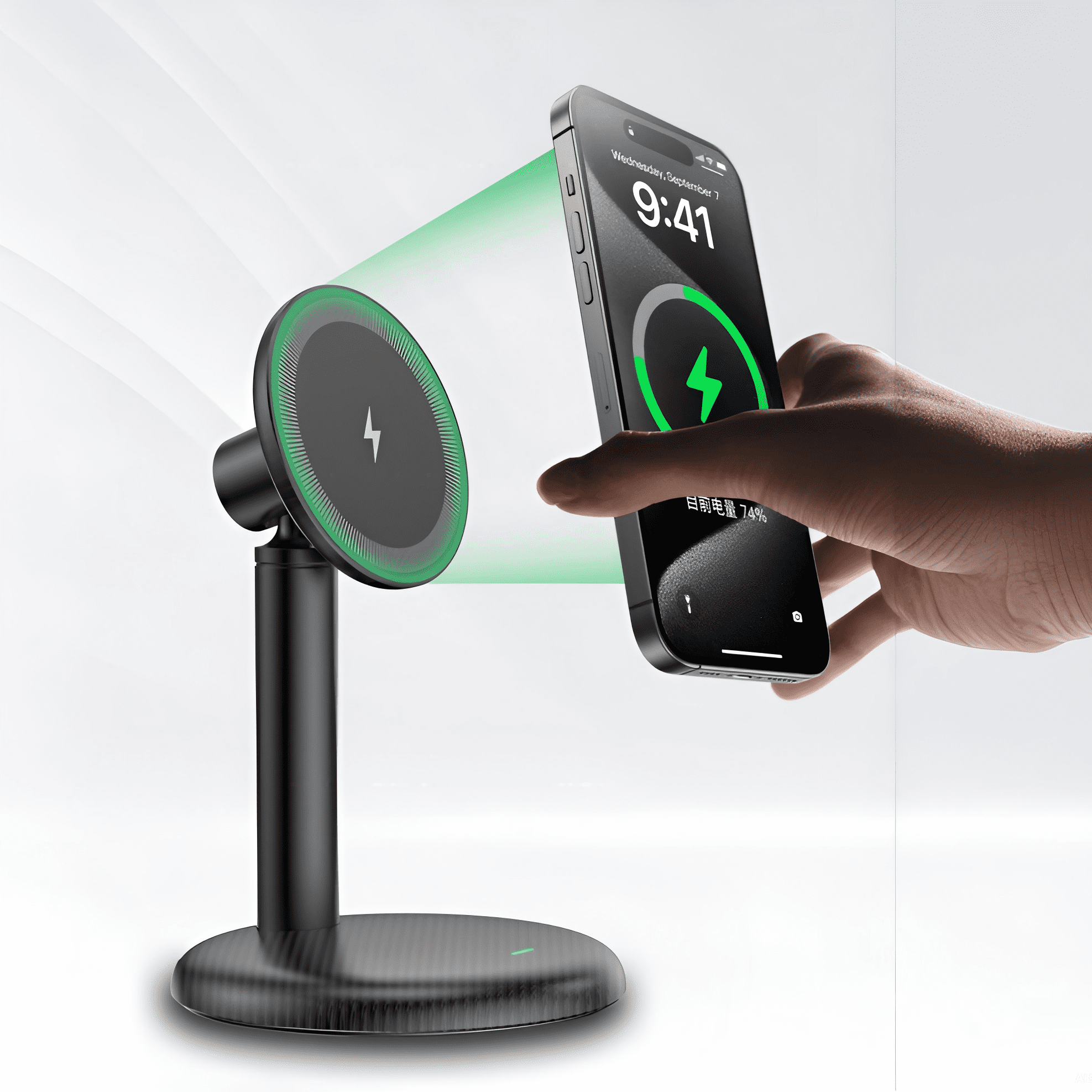 Ein Smartphone wird an ein kabelloses Ladegerät gehalten. Ein grüner Strahl zeigt die Verbindung.