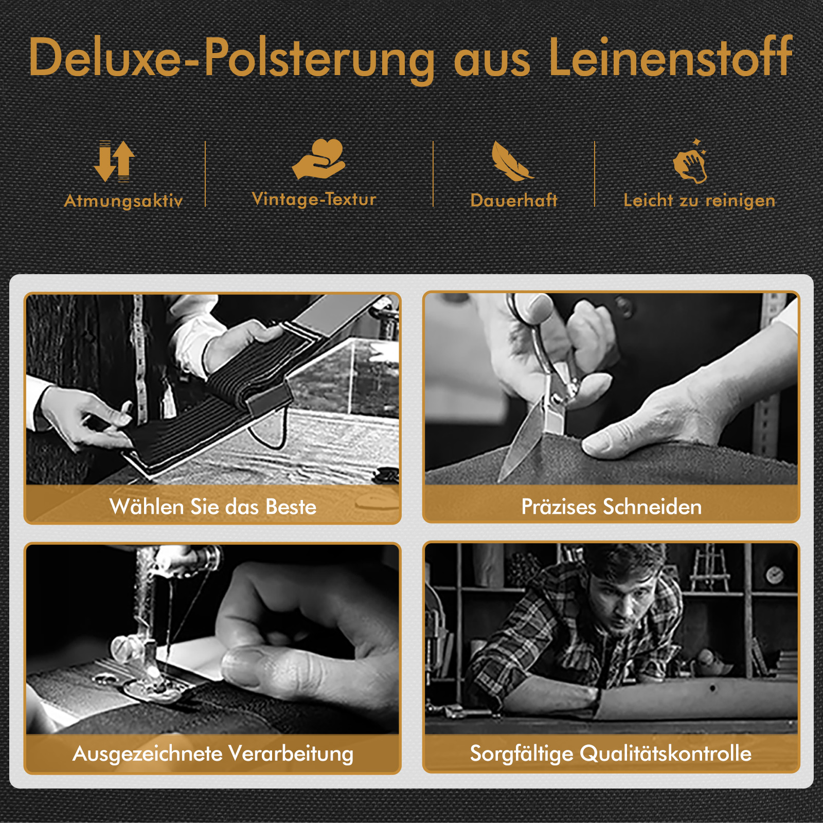 Luxus-Polsterung aus Leinenstoff mit Icons und Bildern.