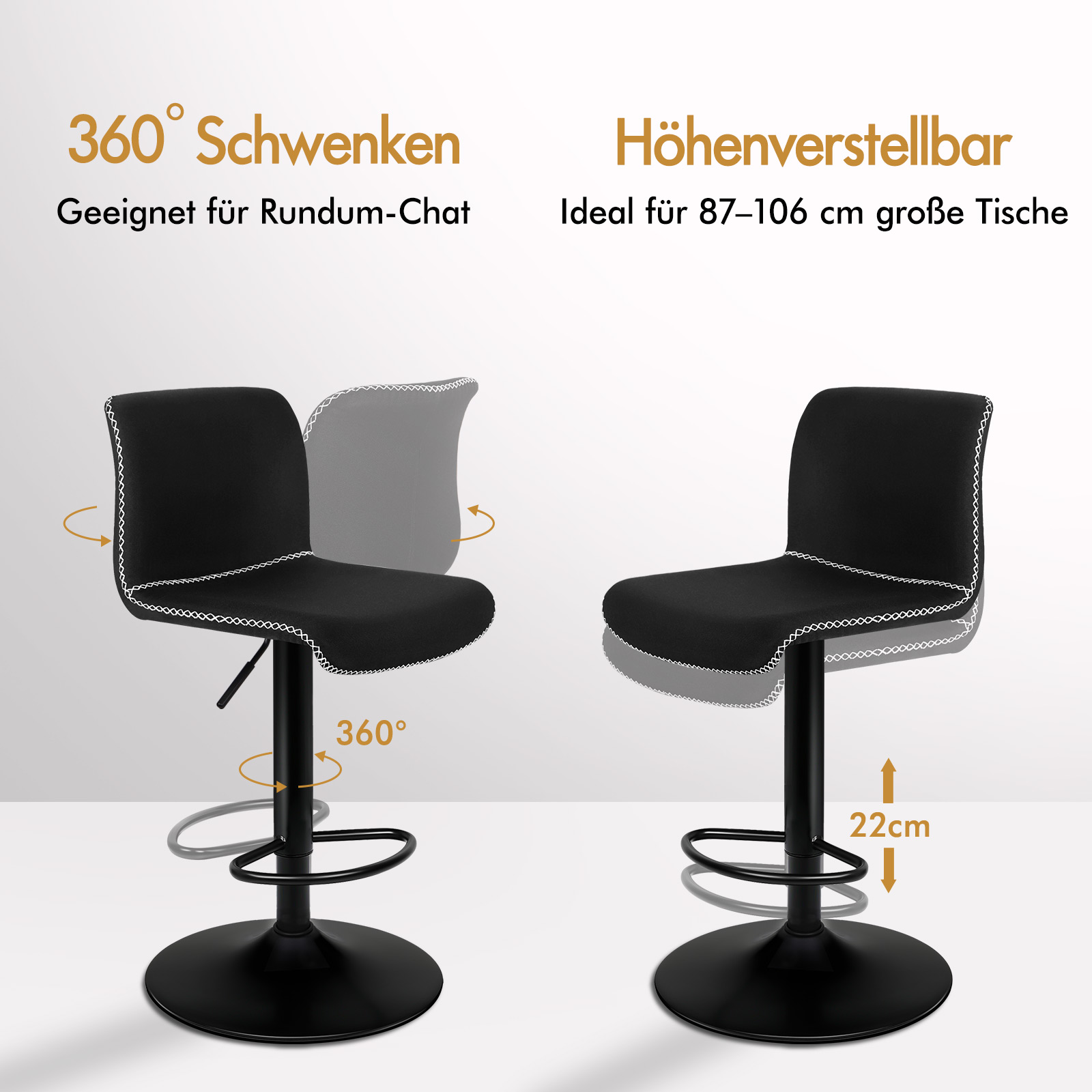 Zwei schwarze Barhocker mit weißen Nähten, einer dreht sich 360°, der andere ist höhenverstellbar.