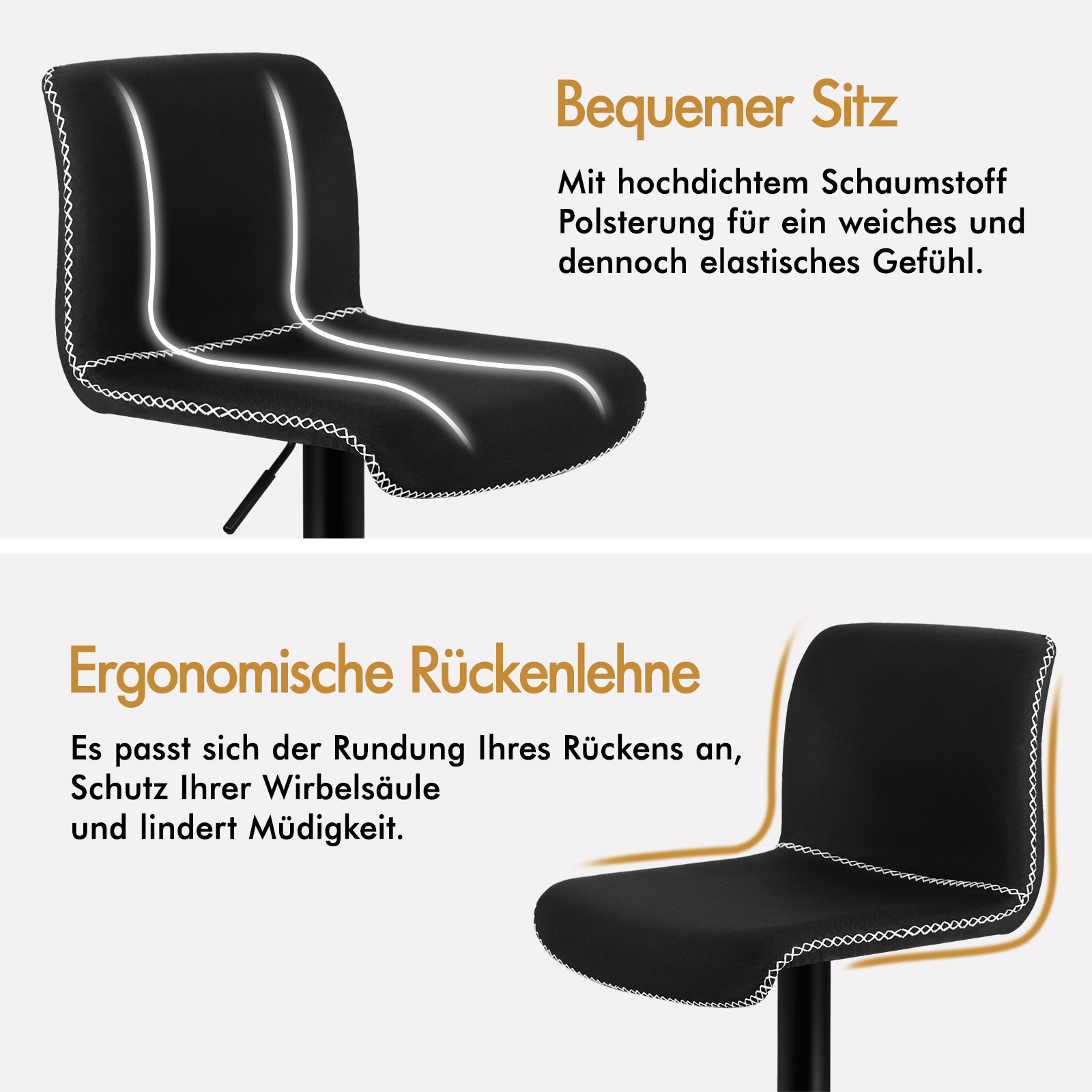 Schwarzer Stuhl mit Komfort- und Ergonomie-Details, mit weißen Nähten.