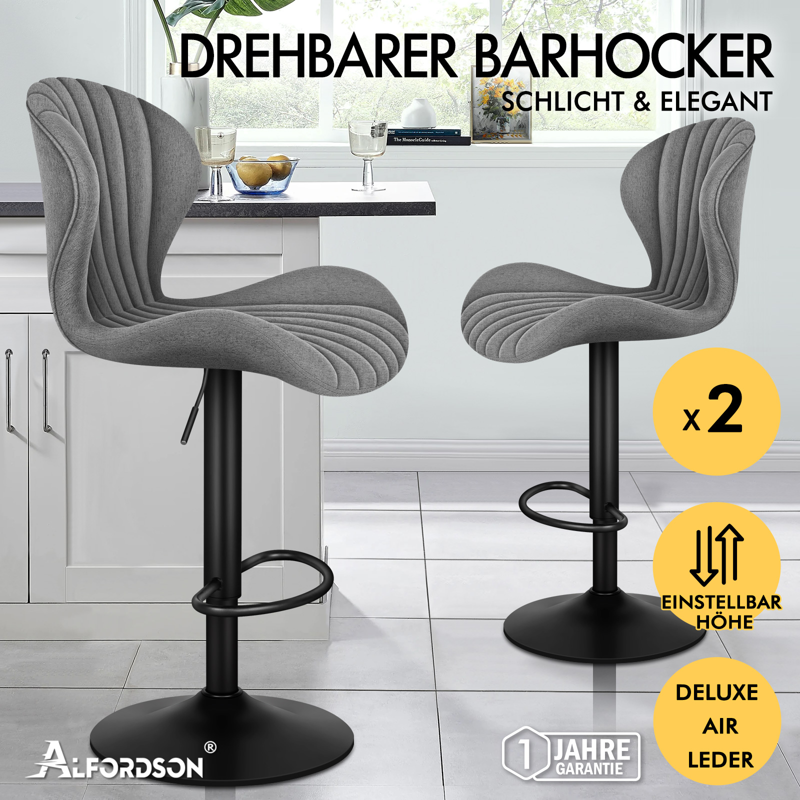 Zwei graue Barhocker mit schwarzem Fuß und Höhenverstellung in einer Küche.