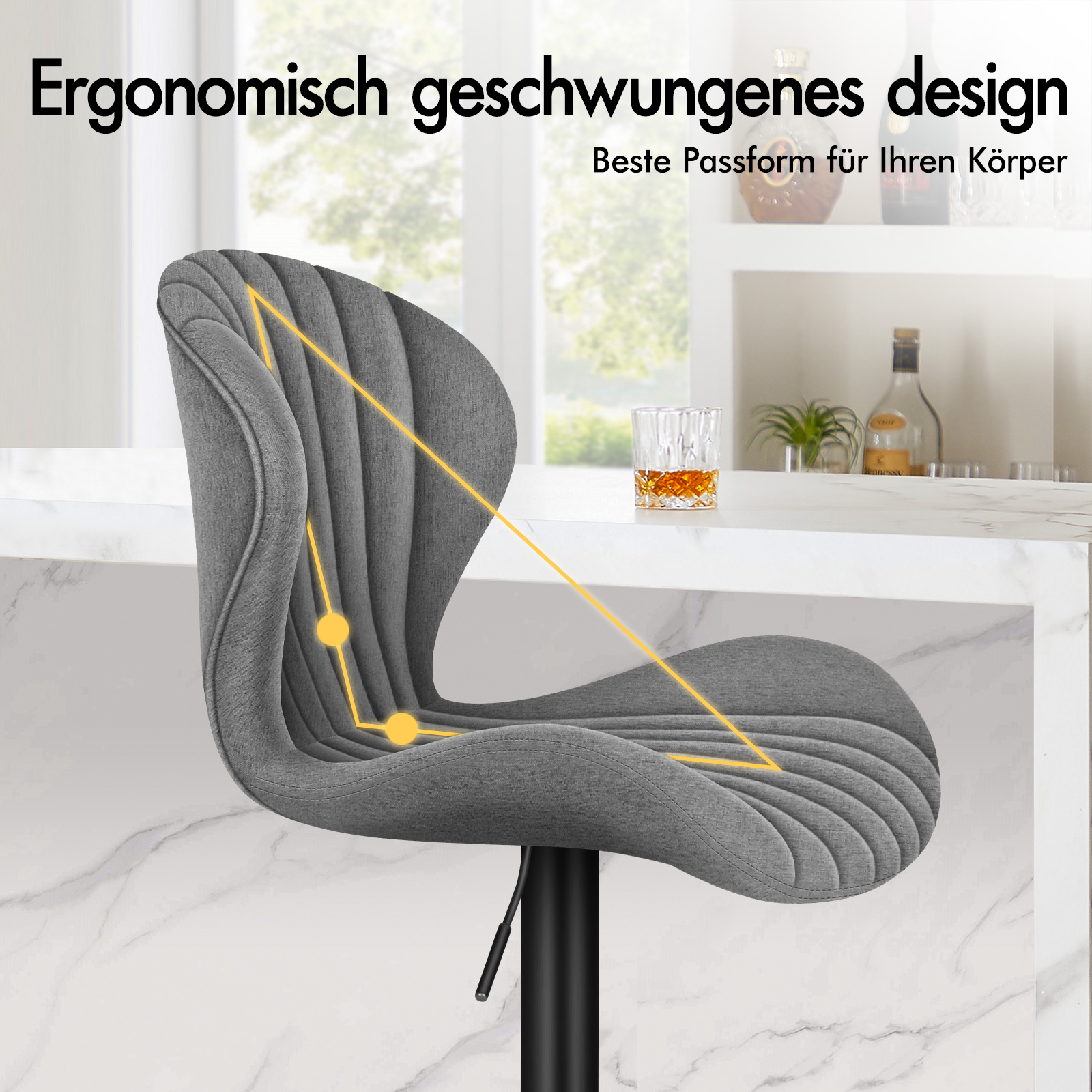 Grauer ergonomischer Stuhl mit gelben Linien, der die Form hervorhebt.