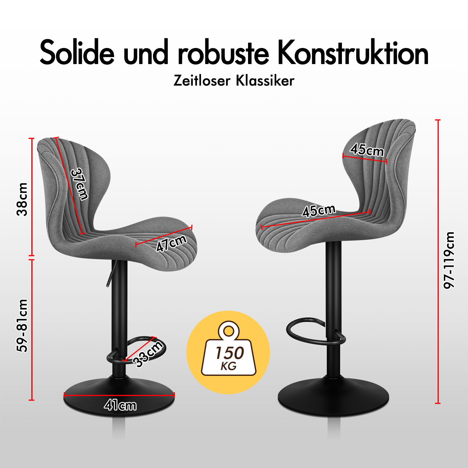 Zwei graue Barhocker mit Maßen, ein verstellbarer Hocker hat 150 kg Tragkraft.