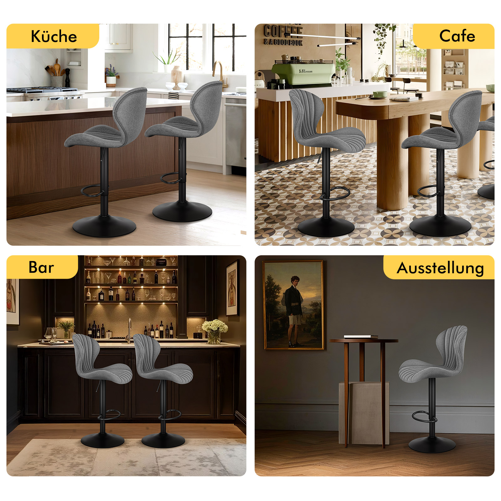 Vier graue Barhocker in verschiedenen Umgebungen: Küche, Café, Bar und Ausstellung.