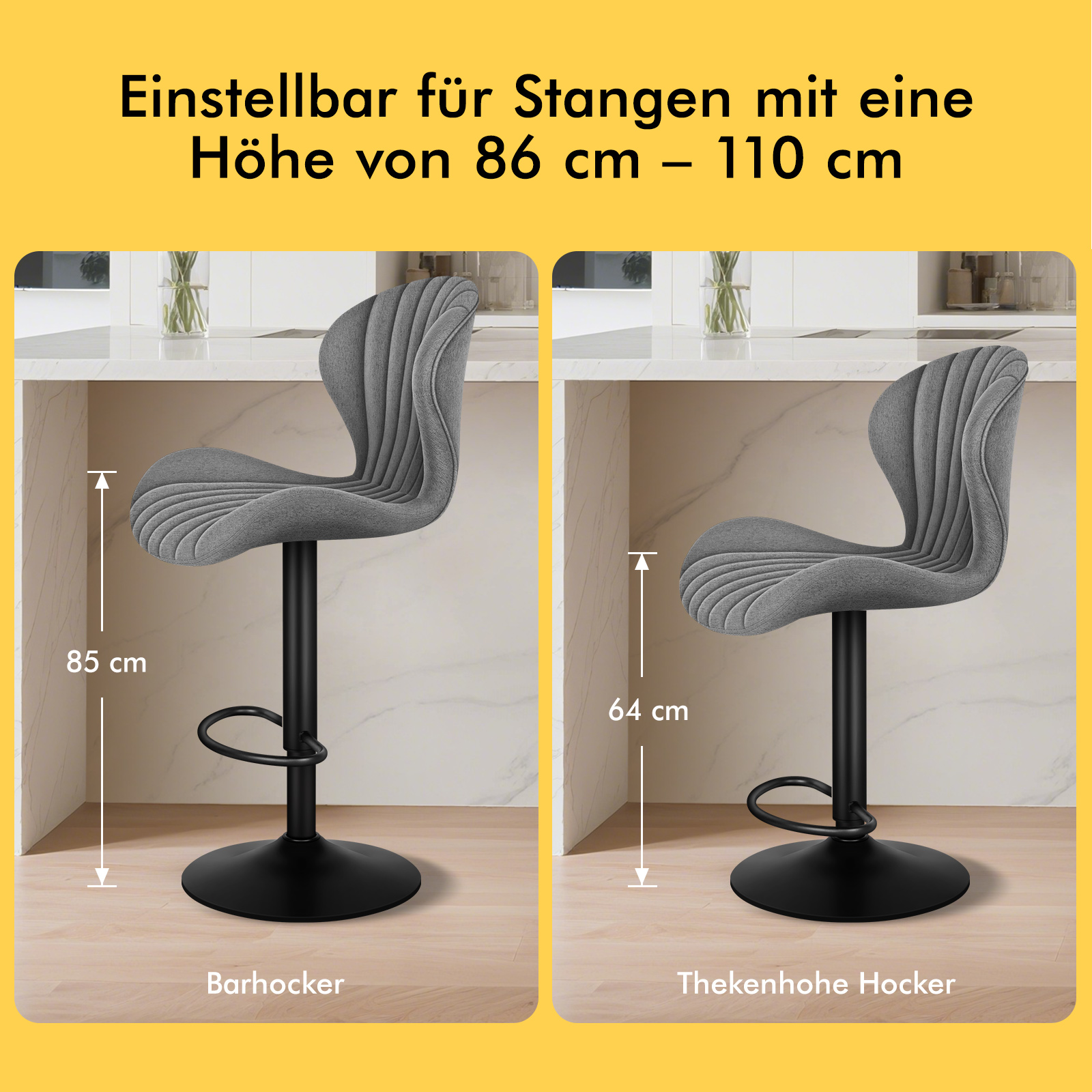 Graue Barhocker mit verstellbarer Höhe, 85 cm und 64 cm.